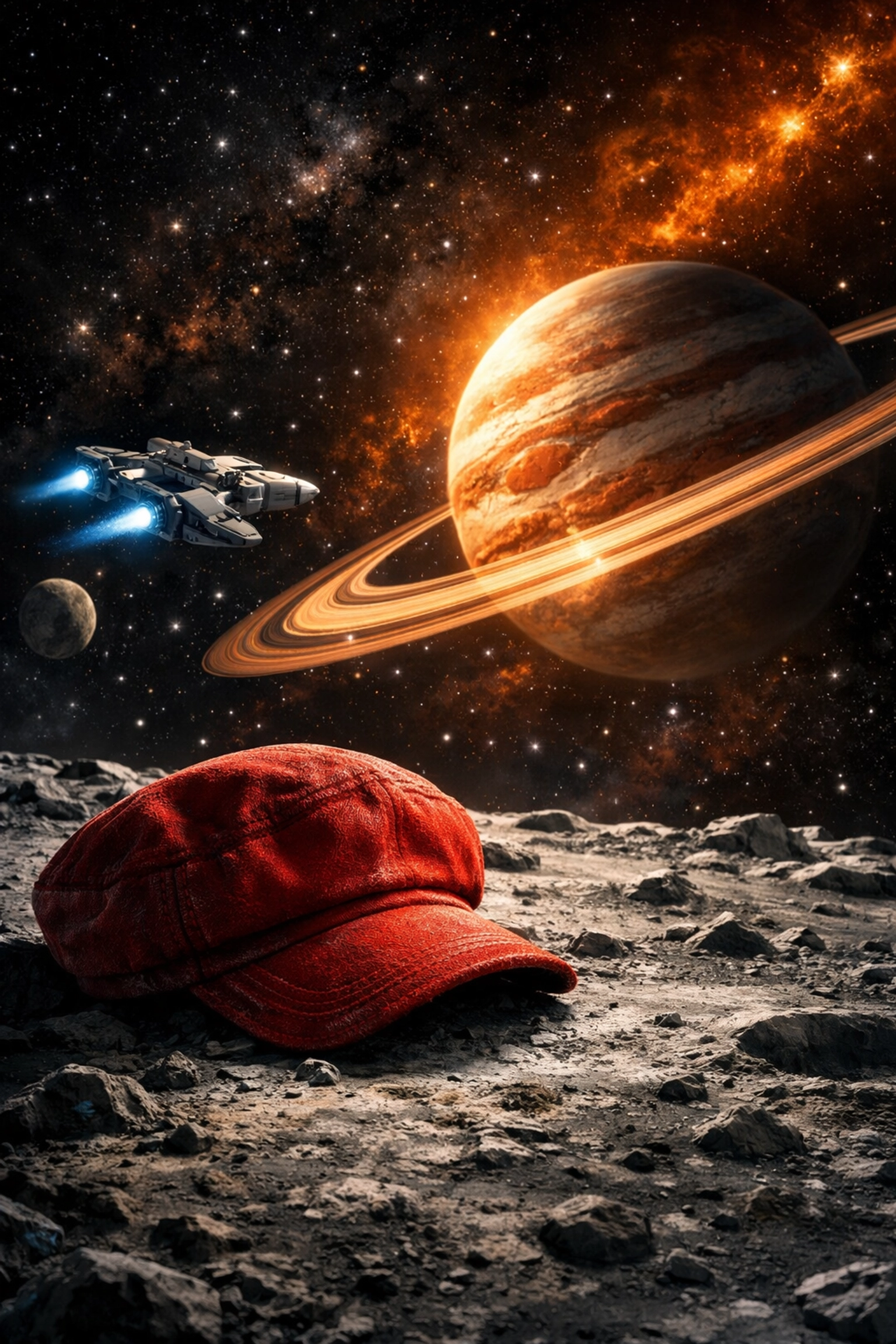 Red plumber's cap on the moon representing Super Mario Galaxy and sci-fi box office hits.