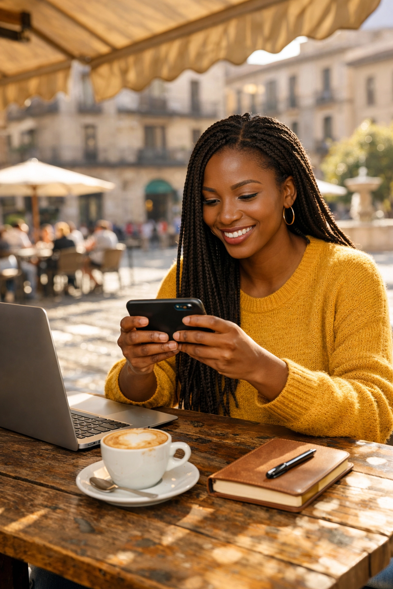 Travel influencer editing content on laptop at European café for portfolio