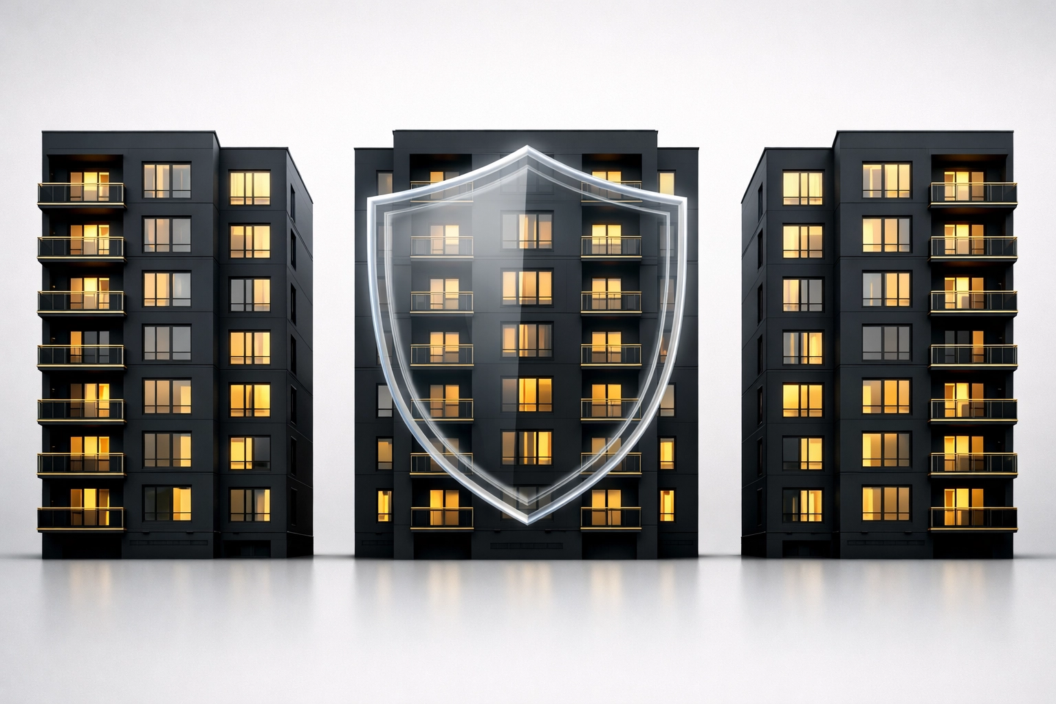 Multiple rental properties with protective shield representing portfolio risk management