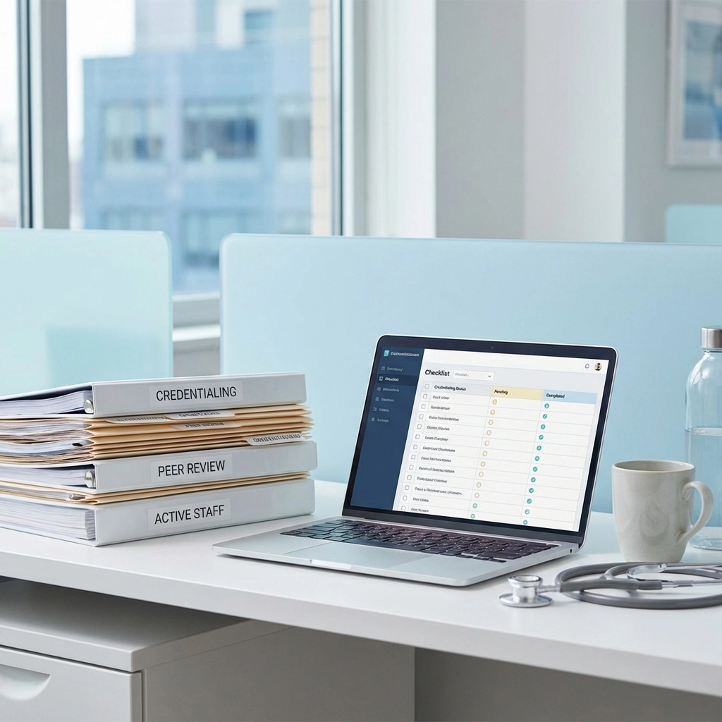 Organized ASC administrator desk with credential files, checklist, and stethoscope for CMS compliance readiness