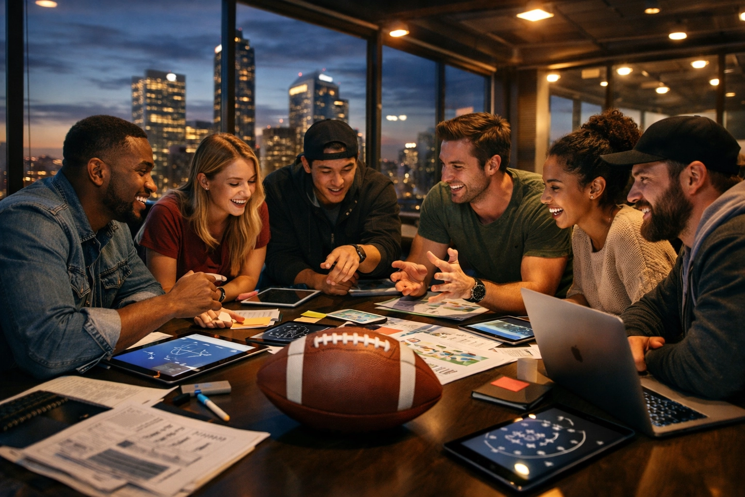 Digital marketing experts collaborating on high-performance NIL sports strategies in a modern office.