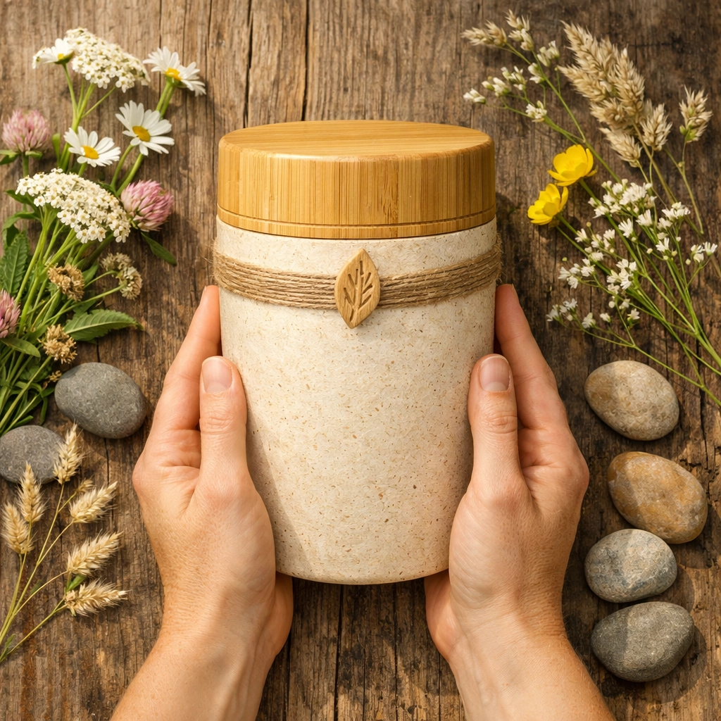 Biodegradable bamboo urn with wildflowers for environmentally-friendly cremation ash scattering