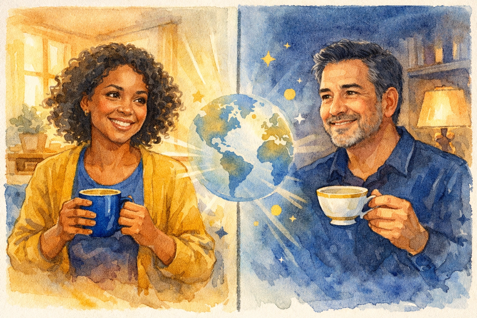 Two people connecting globally through video call sharing coffee and faith across cultures