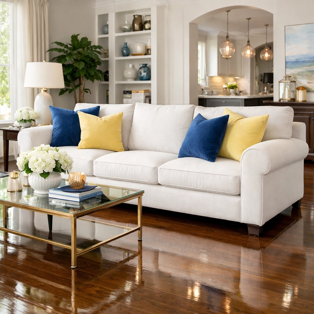 Immaculate living room and polished floors in a Stow home following professional cleaning services.