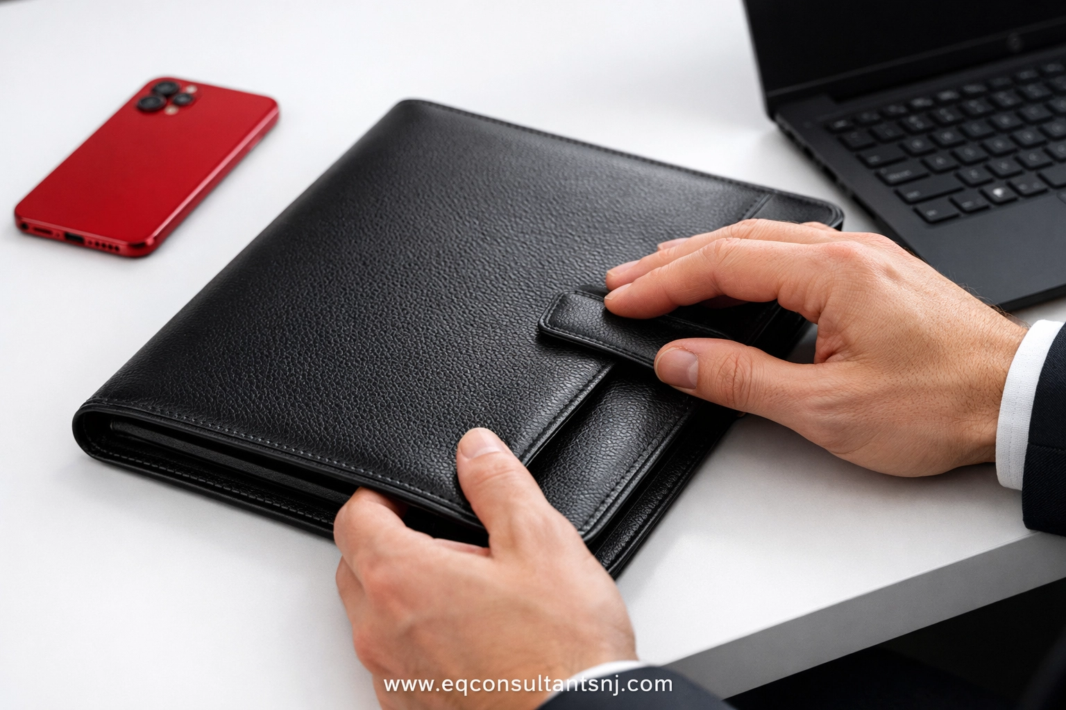 Hands closing a professional file folder next to a laptop, representing secure virtual bookkeeping for NJ businesses.