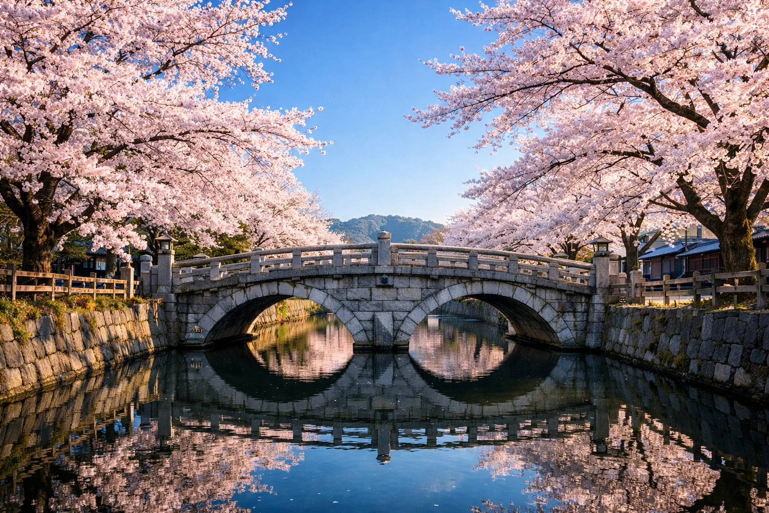 Peaceful stone bridge in Kyoto with cherry blossoms, illustrating perfect timing for a crowd-free luxury trip.