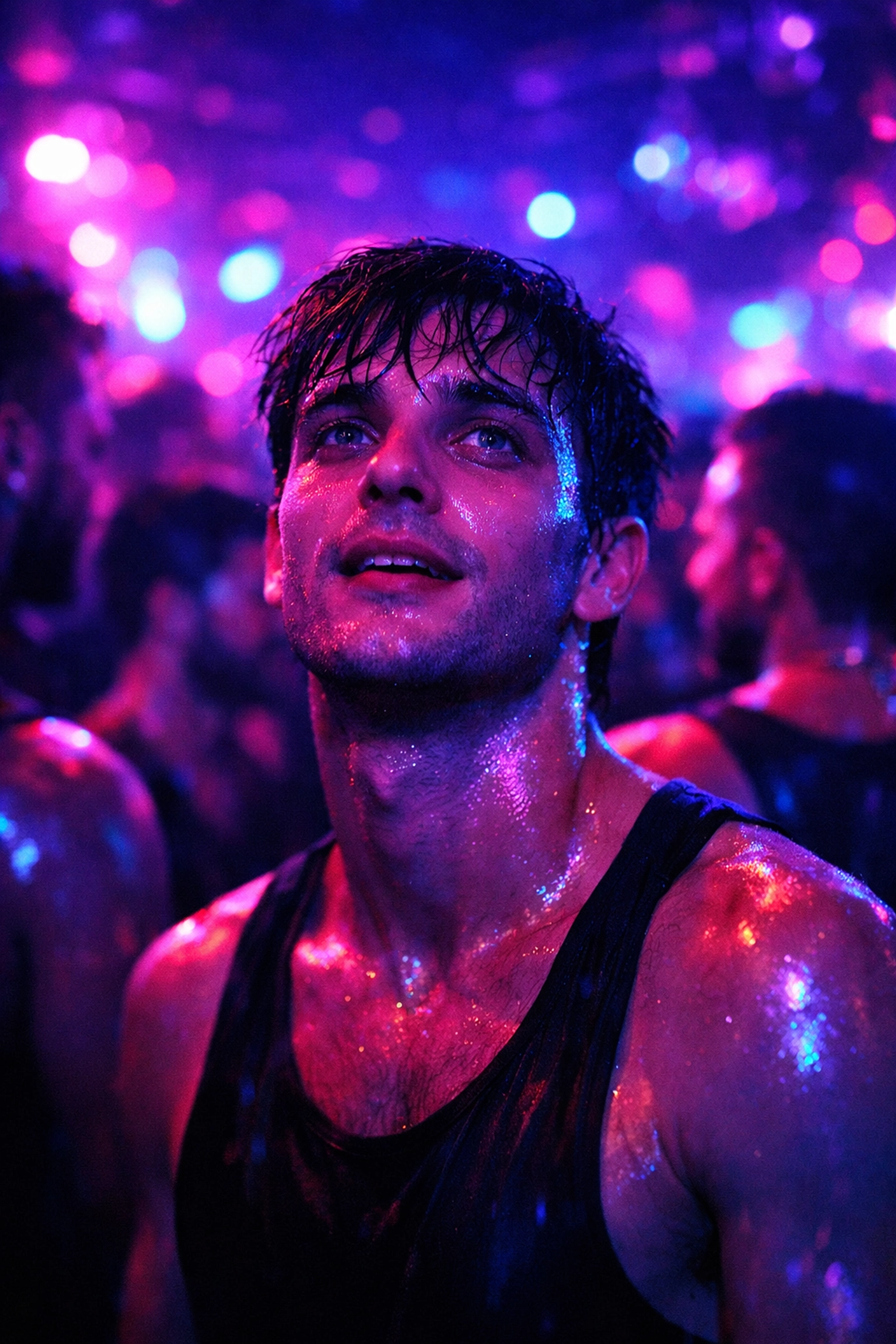 A young man in a neon-lit gay nightclub with a dazed expression, highlighting the dark side of addiction in the scene.
