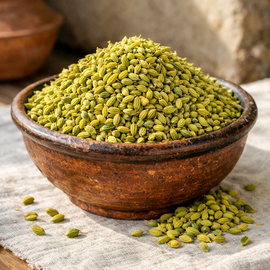 وعاء فخاري مغربي مليء ببذور النافع (اليانسون)، من أجود الأعشاب المغربية التقليدية