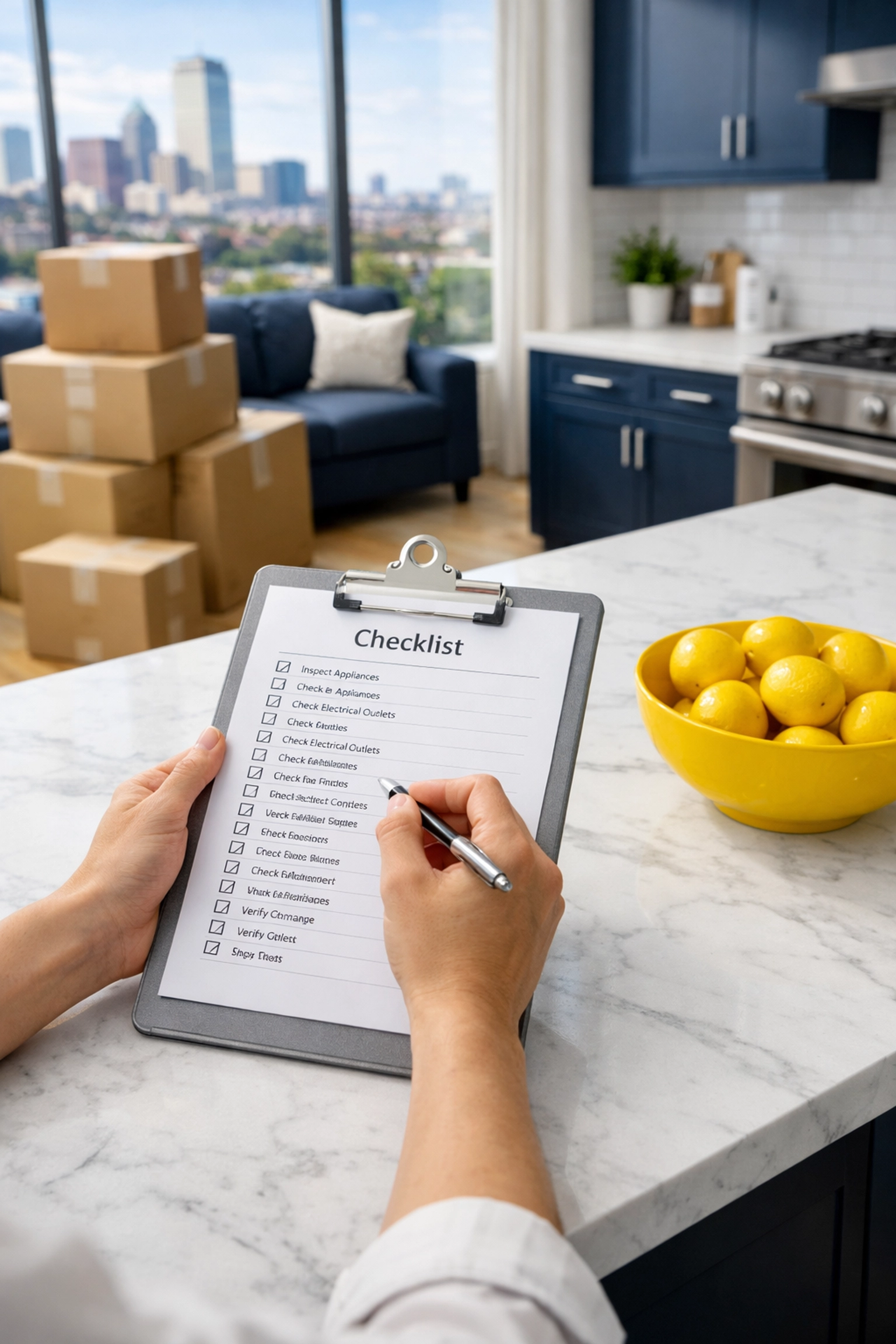 Person reviewing a move-out checklist in a sunny kitchen during a Boston apartment turnover.