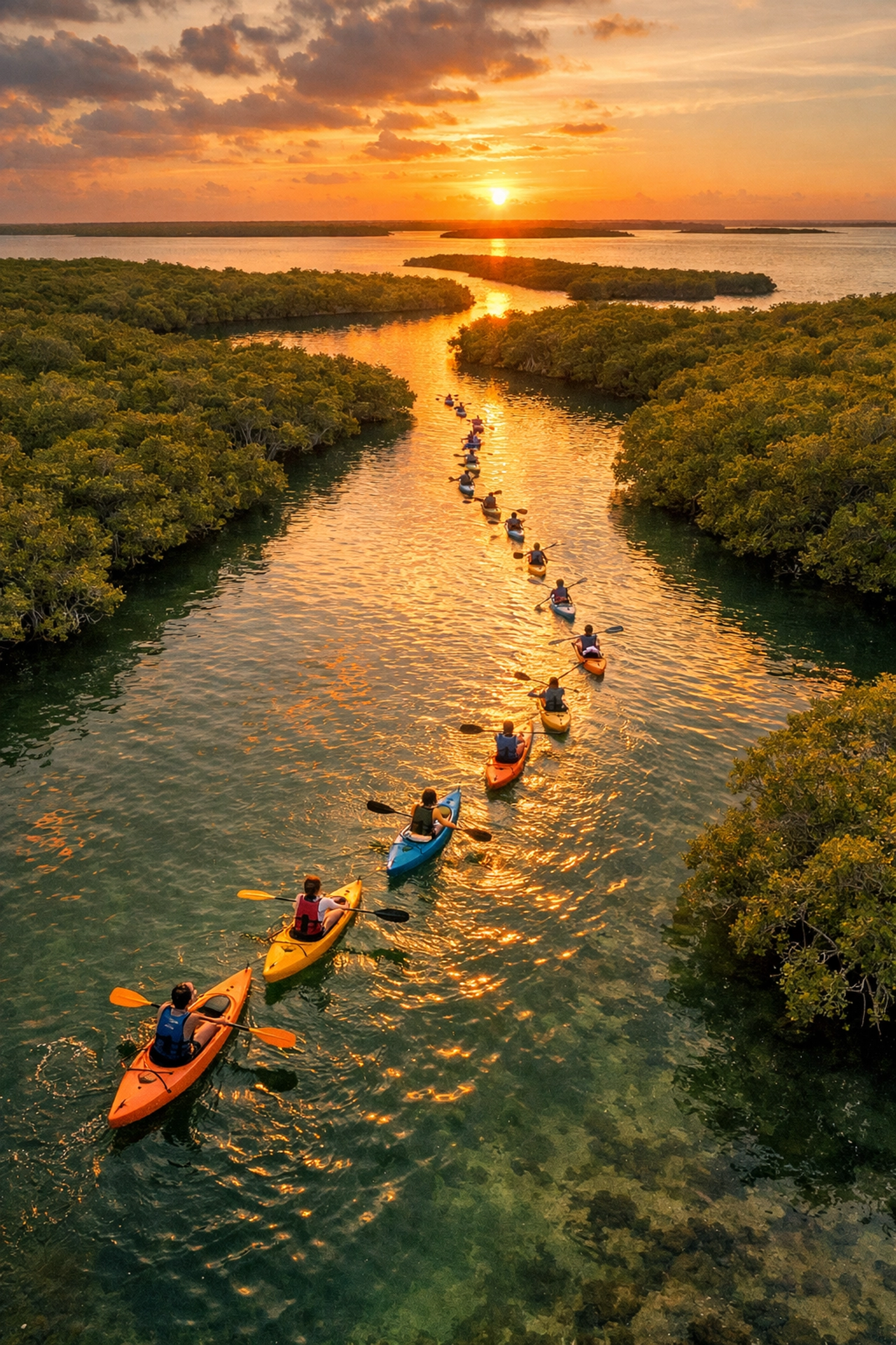 Aerial view of students kayaking through Florida Keys mangrove channels during an educational tour.