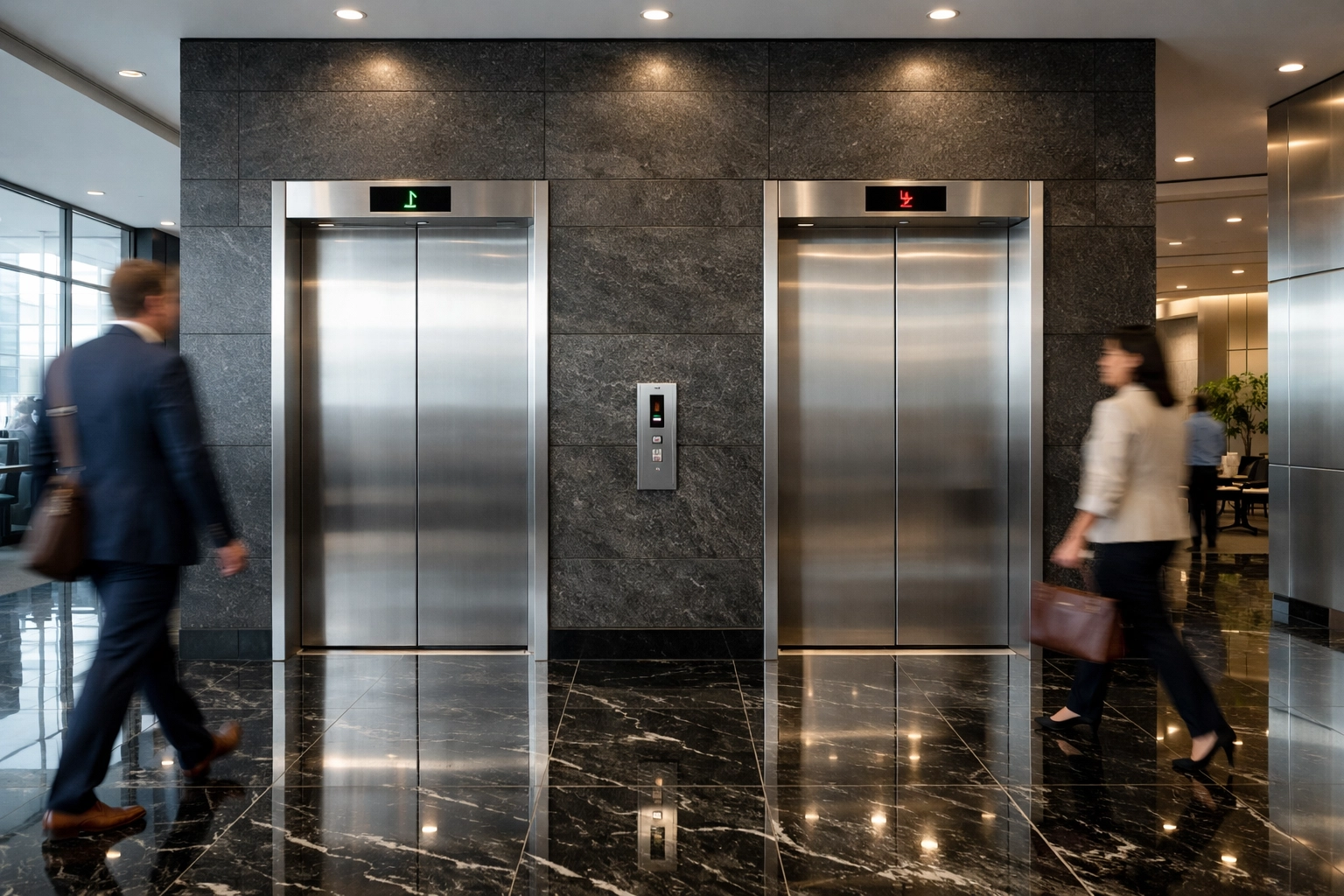 Professional elevator lobby maintenance in a Midwest office building with streak-free surfaces and polished floors.