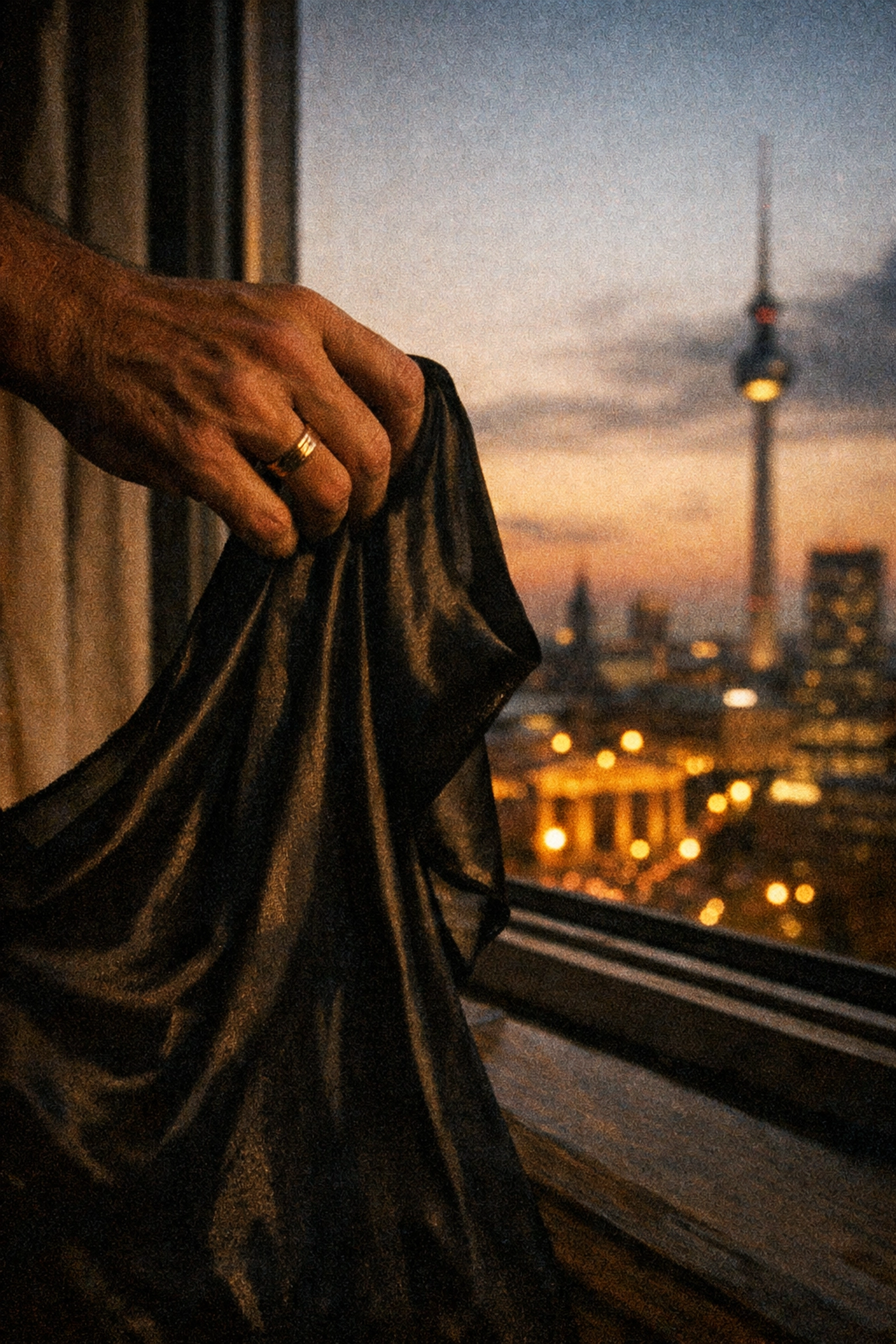 Wedding ring and black silk slip held against Berlin hotel window at dusk