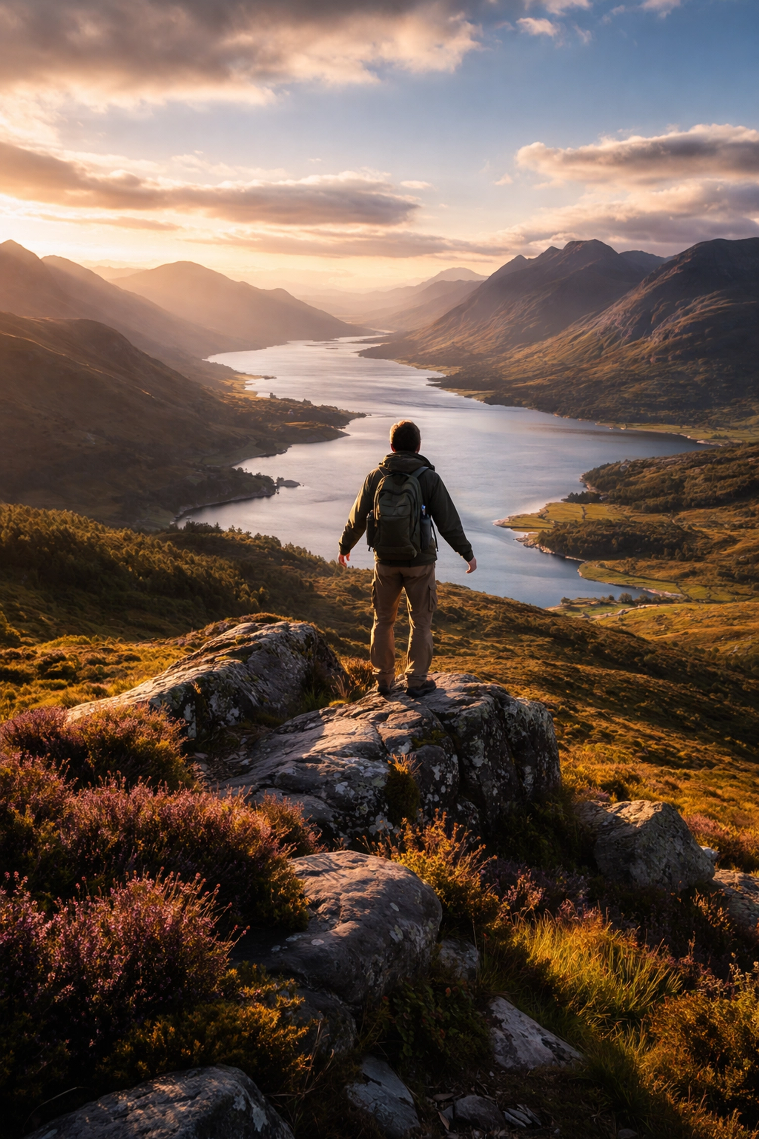 Solo hiker overlooking dramatic Scottish Highlands, highlighting advanced guided hiking tours UK experiences
