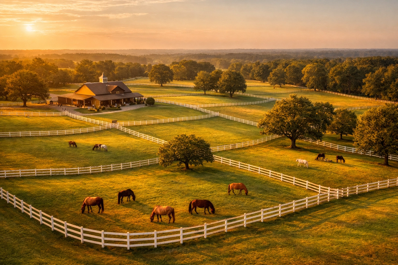Aerial view of horse farm for sale in Waxhaw NC with fenced pastures and barn