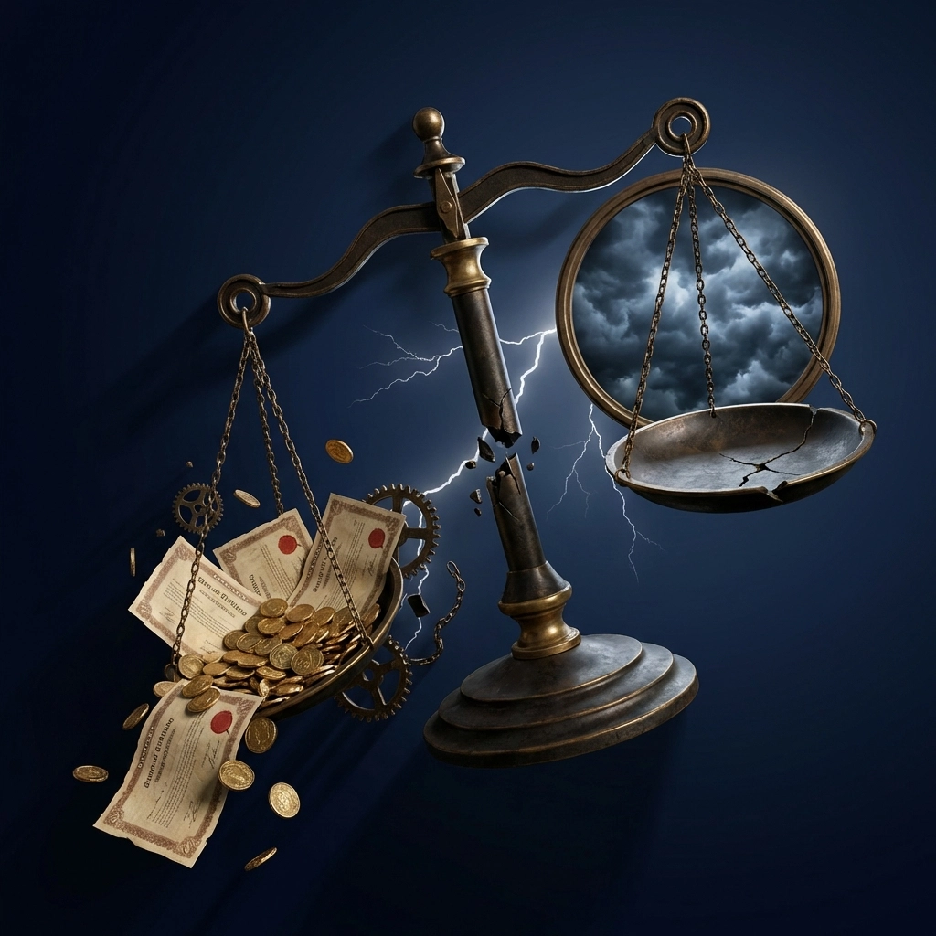 A balanced scale breaking apart, representing the risks of traditional stock and bond portfolios in modern markets.