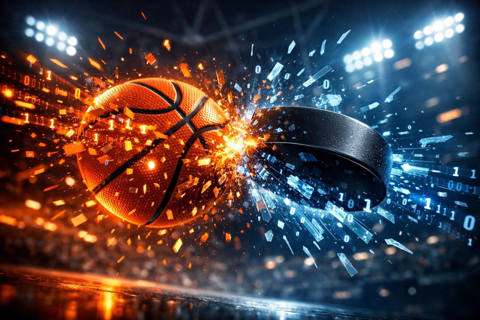 Digital basketball and hockey puck representing AI-driven sports betting data and pick synergy.
