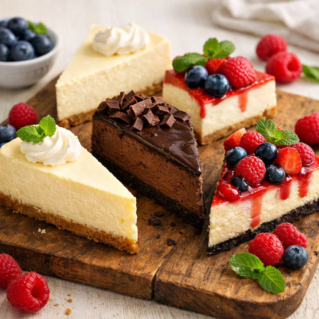 Assorted gourmet cheesecakes featuring vanilla, chocolate, and fruit flavors from Sweet Seoul