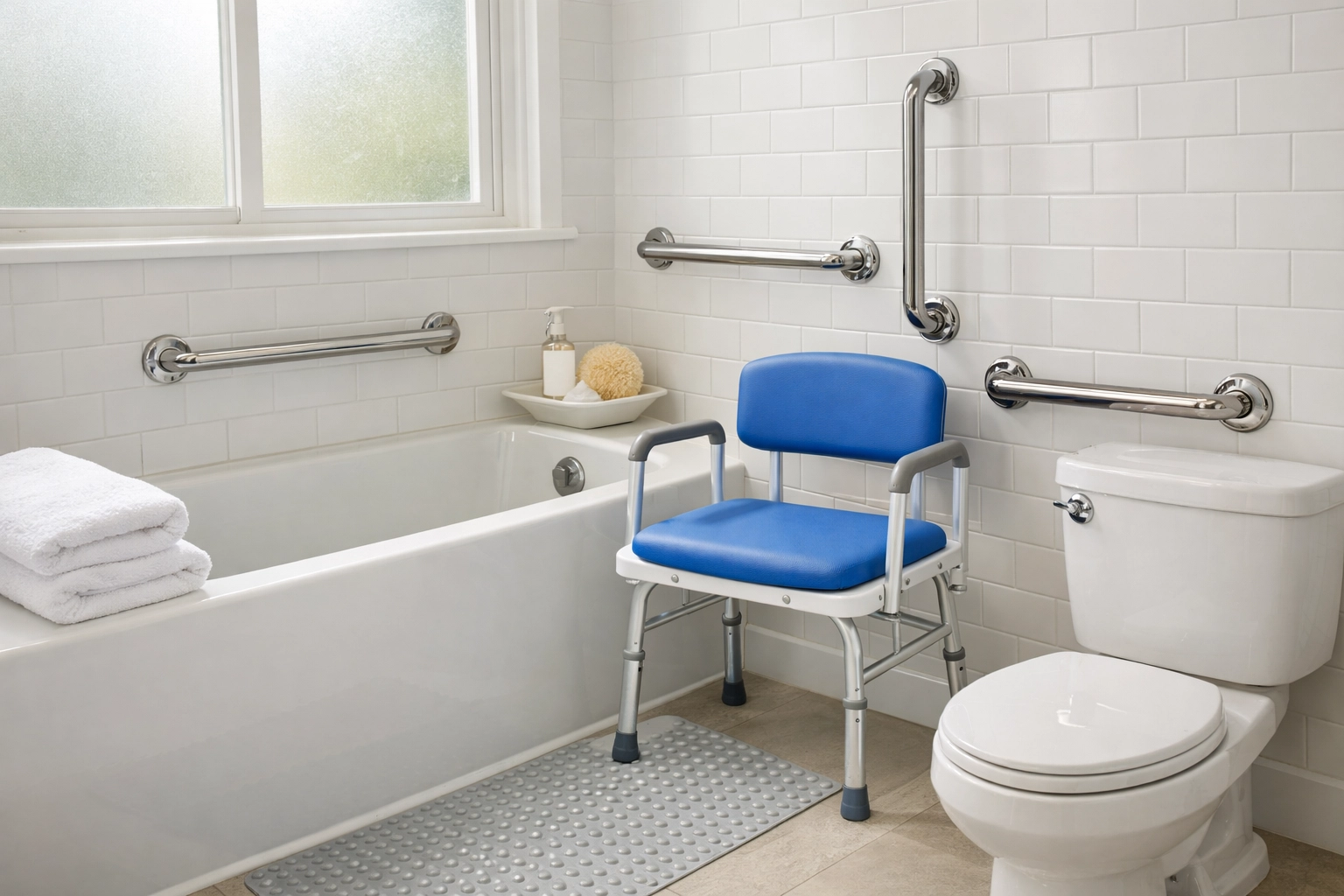 Accessible bathroom with grab bars and non-slip mat for senior safety