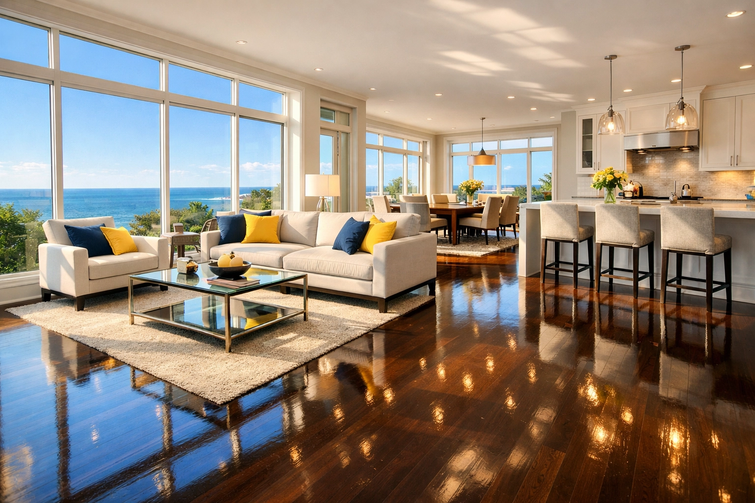 Spotless Ashland living room with polished floors after professional post-construction house cleaning.