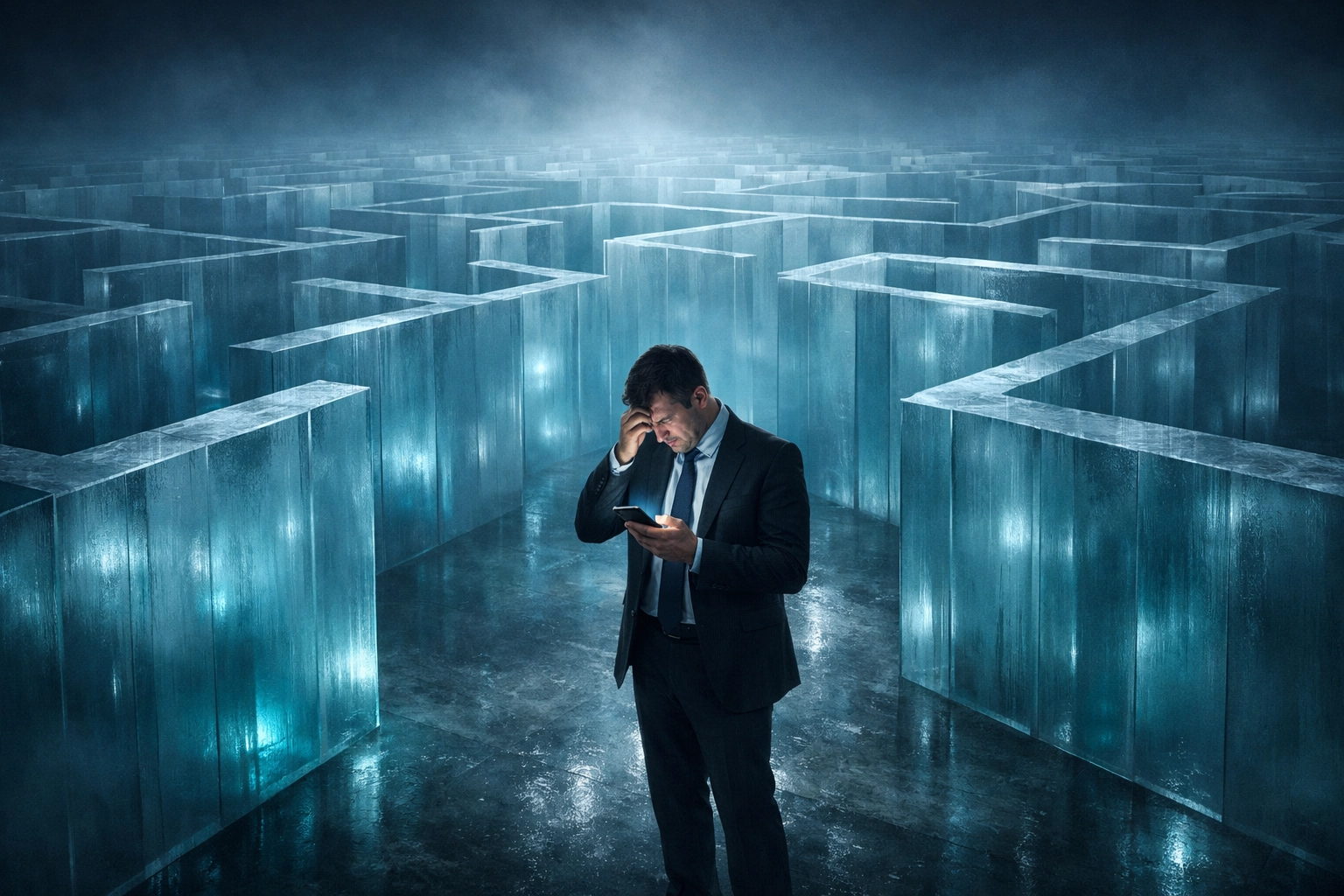 Frustrated business professional navigating a complex glass labyrinth symbolizing a hidden SaaS support system.