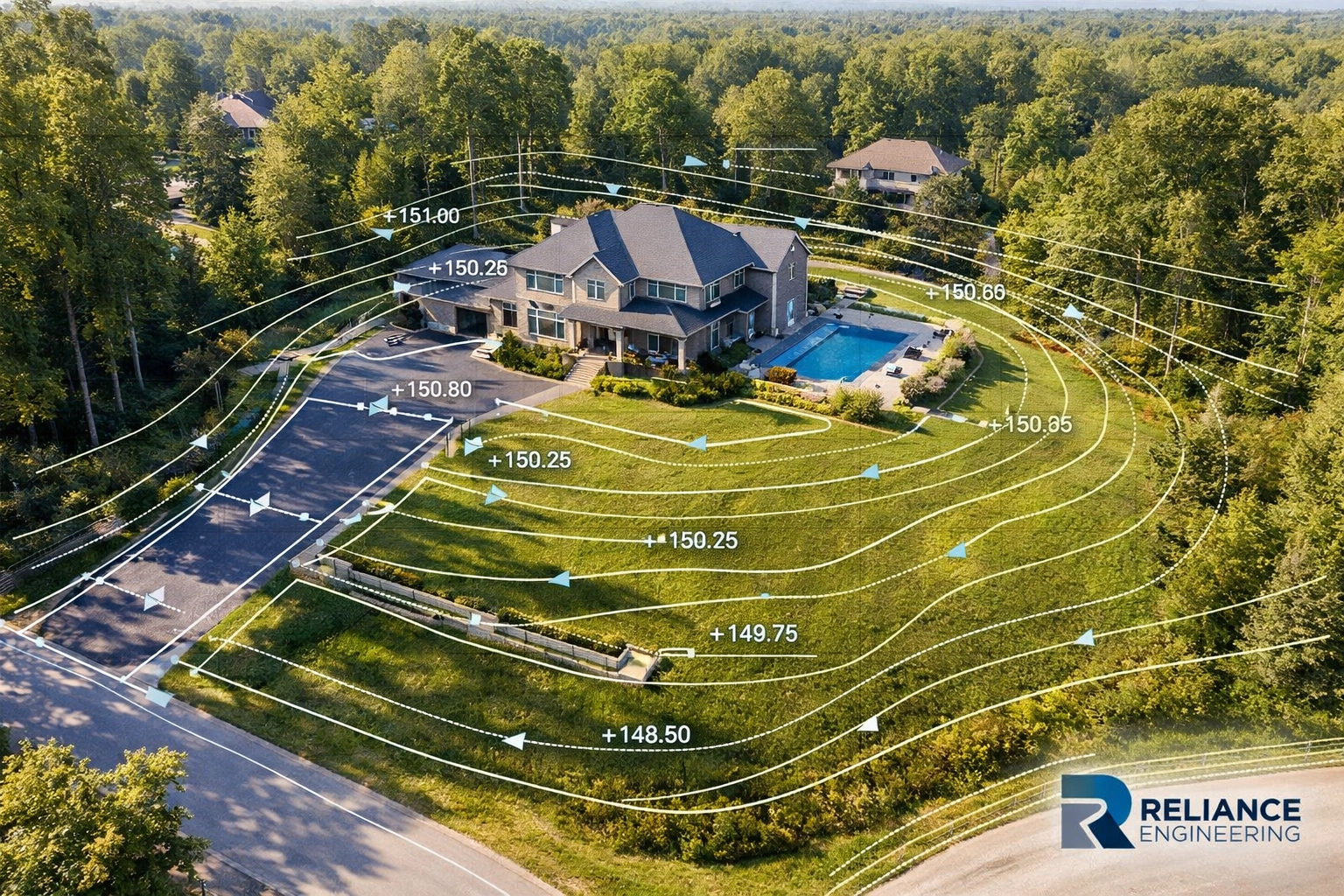 Aerial view of an Ontario residential lot showing a professional site grading plan with drainage contours.