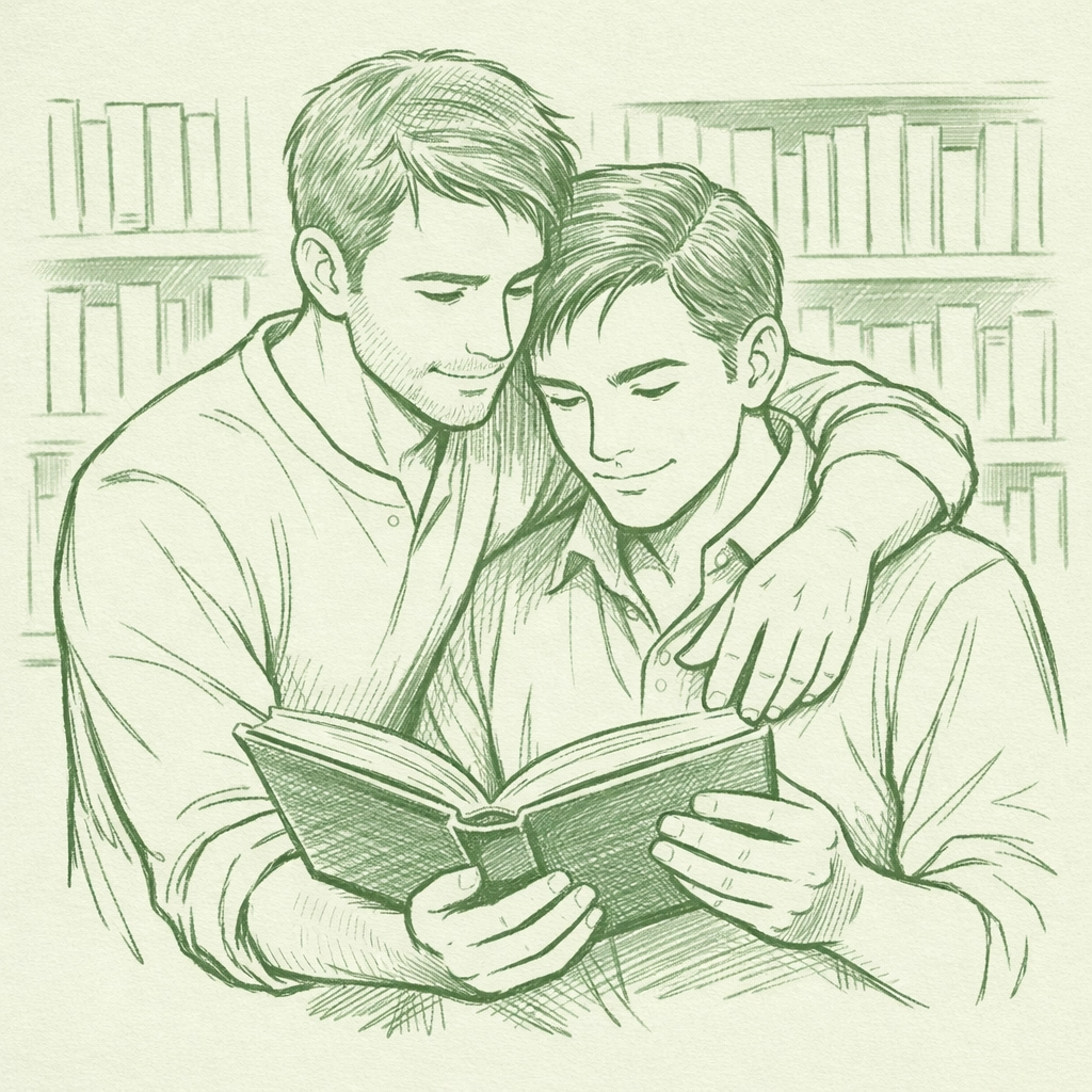 Two men embracing with book showing trust and emotional safety in gay relationship
