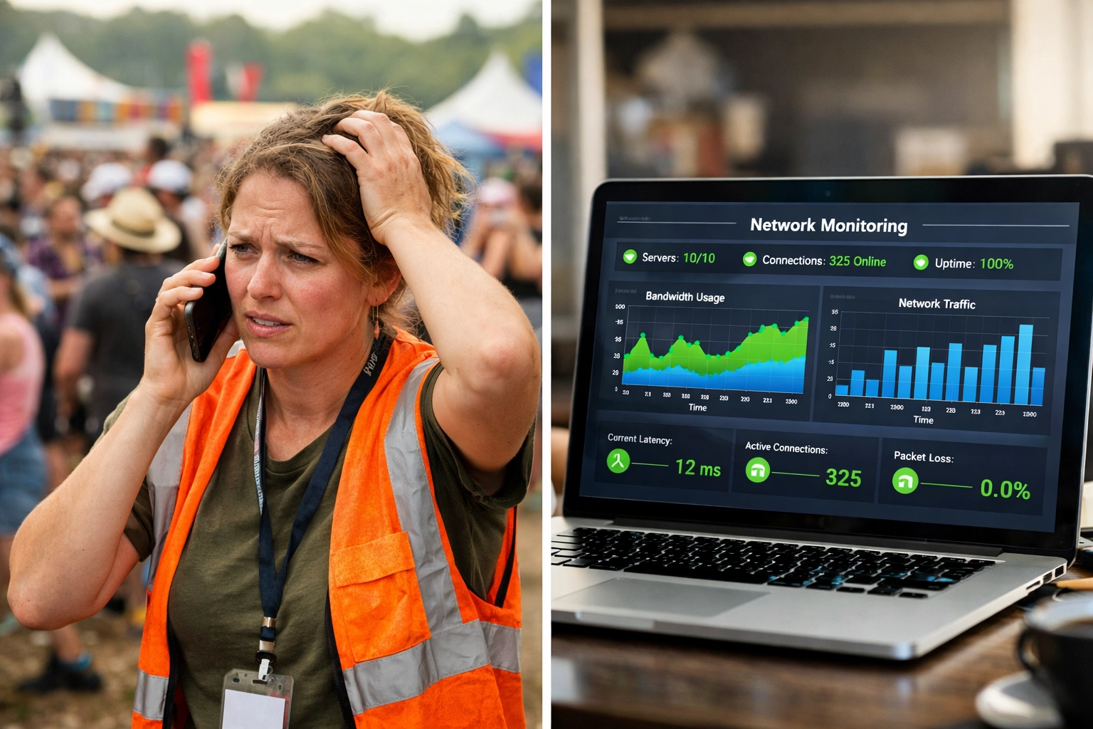 Real-time network monitoring dashboard showing healthy event WiFi performance