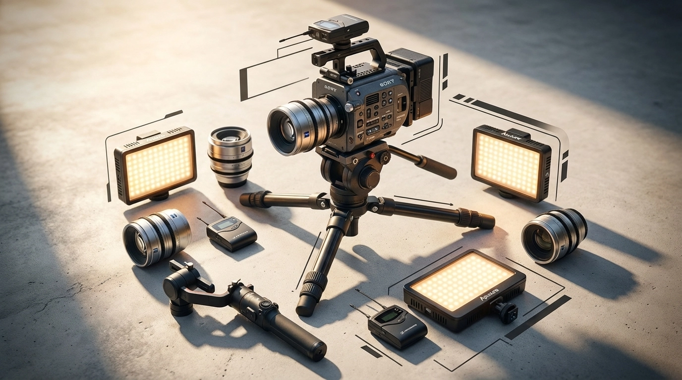 Professional video setup featuring a high-end camera on a sturdy tripod, surrounded by various lenses, portable LED lights, and audio equipment, showcasing a comprehensive gear collection for filmmaking.


