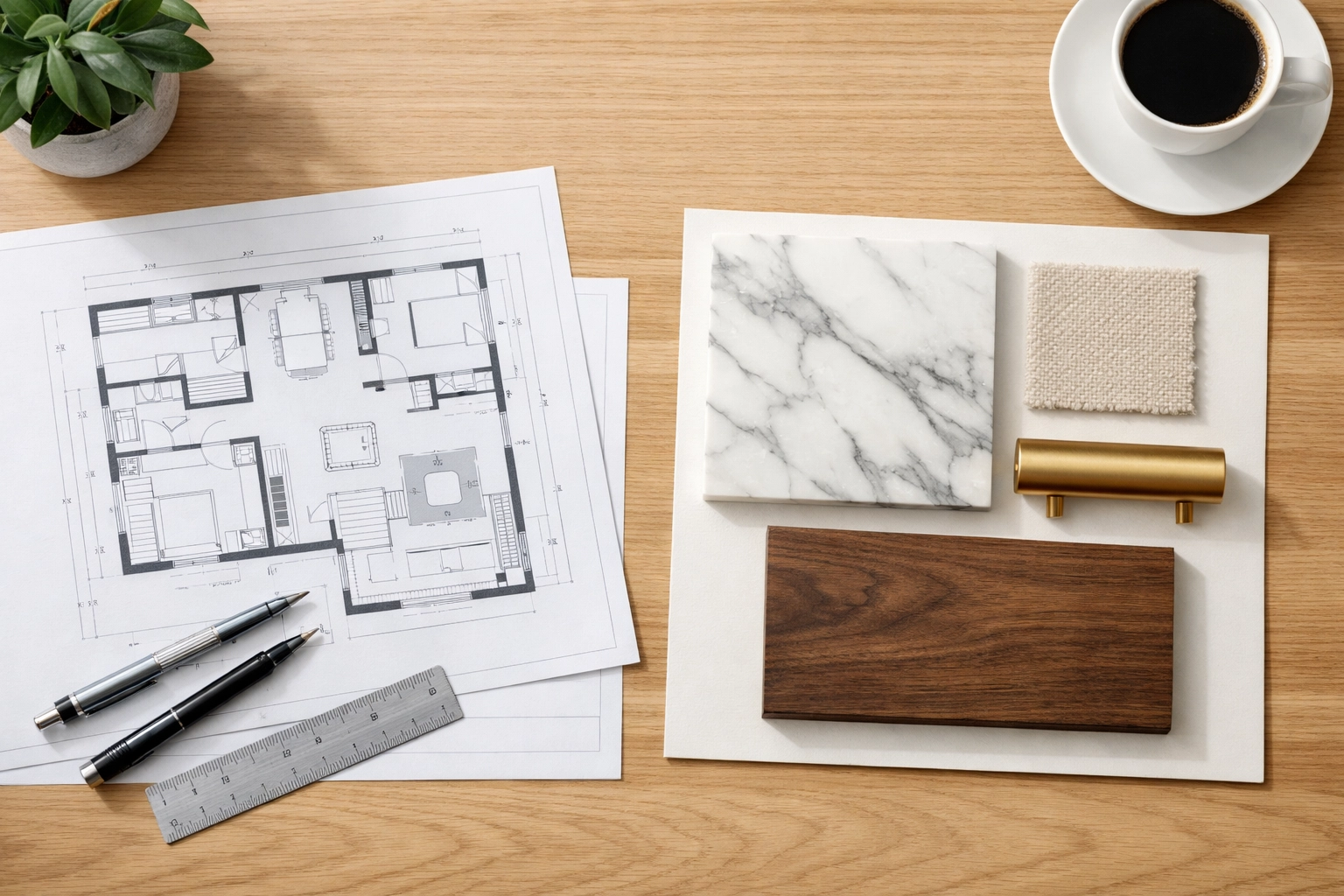 Professional flat lay of architectural floor plans and premium material samples for an Orlando home renovation.