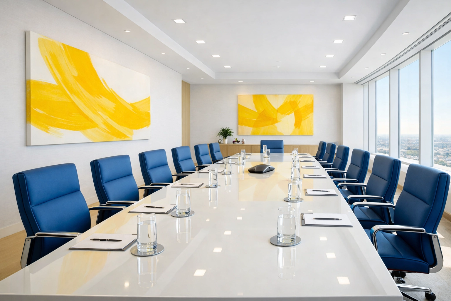 Clean corporate boardroom with blue chairs showcasing the standard of professional office cleaning in Marlborough.