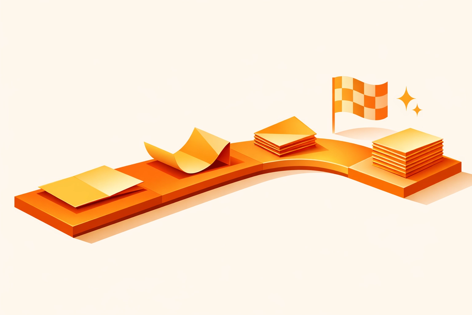 Illustration of a streamlined and efficient post-press finishing process for print shops.