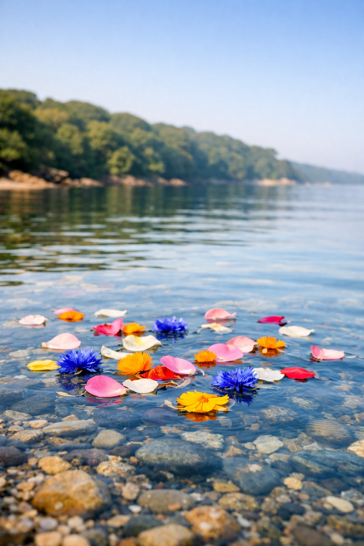 Biodegradable flowers on the Helford River for a peaceful ash scattering at Durgan Beach, Cornwall.