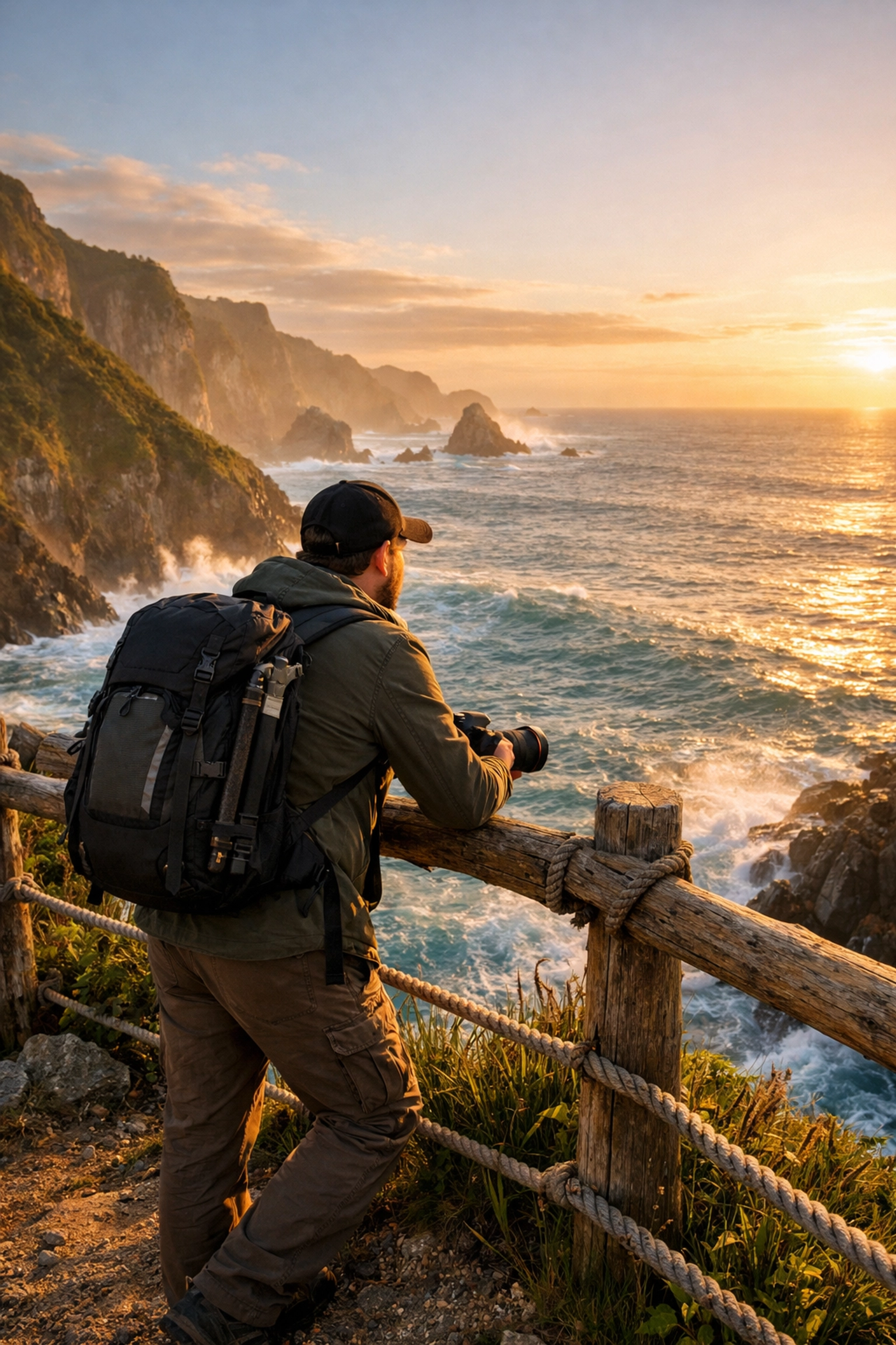 Traveling photographer capturing coastal views at golden hour, highlighting the freelance travel lifestyle.