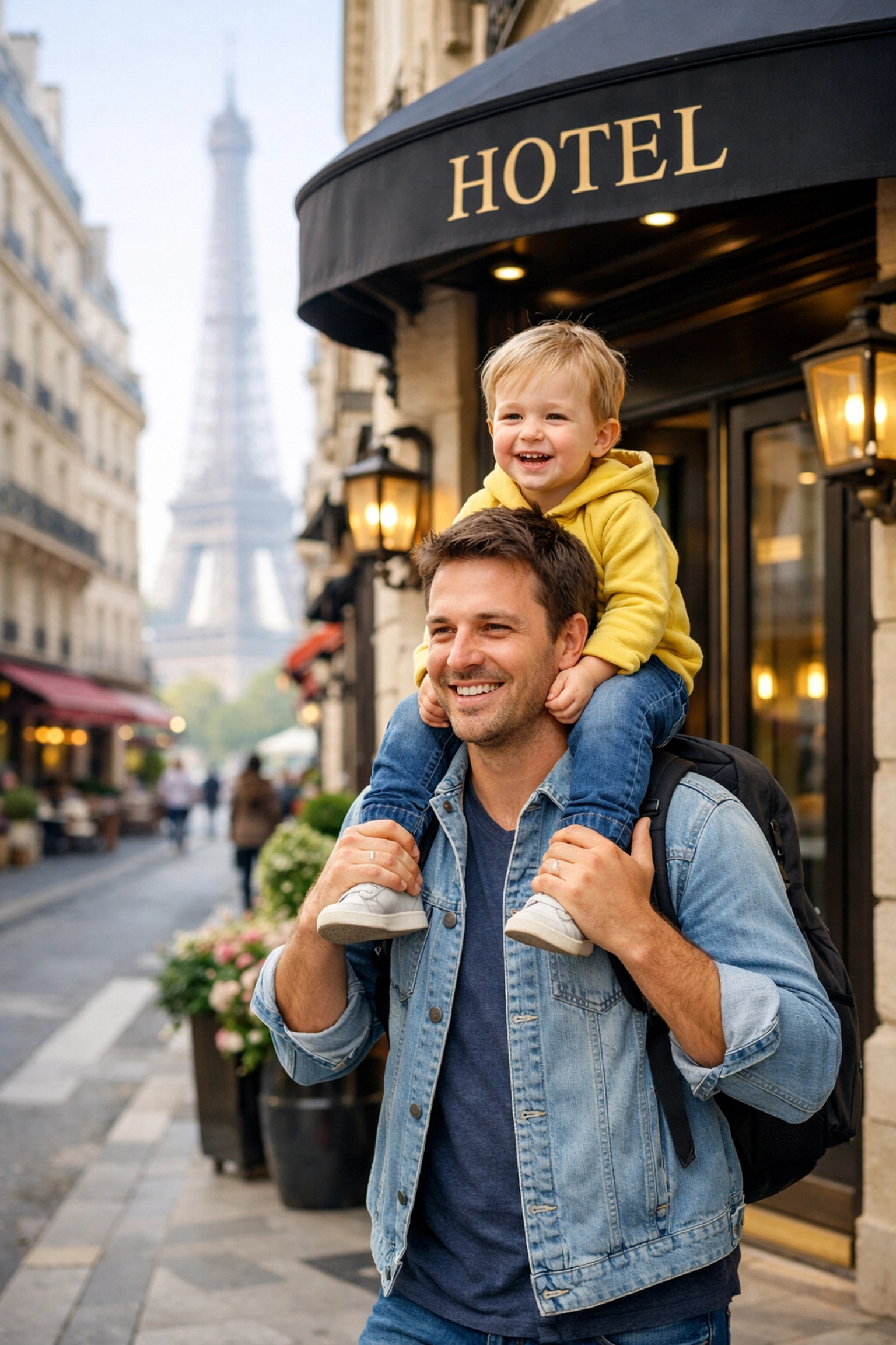 Father and toddler walking near their central Paris hotel, close to the city's iconic photography locations.