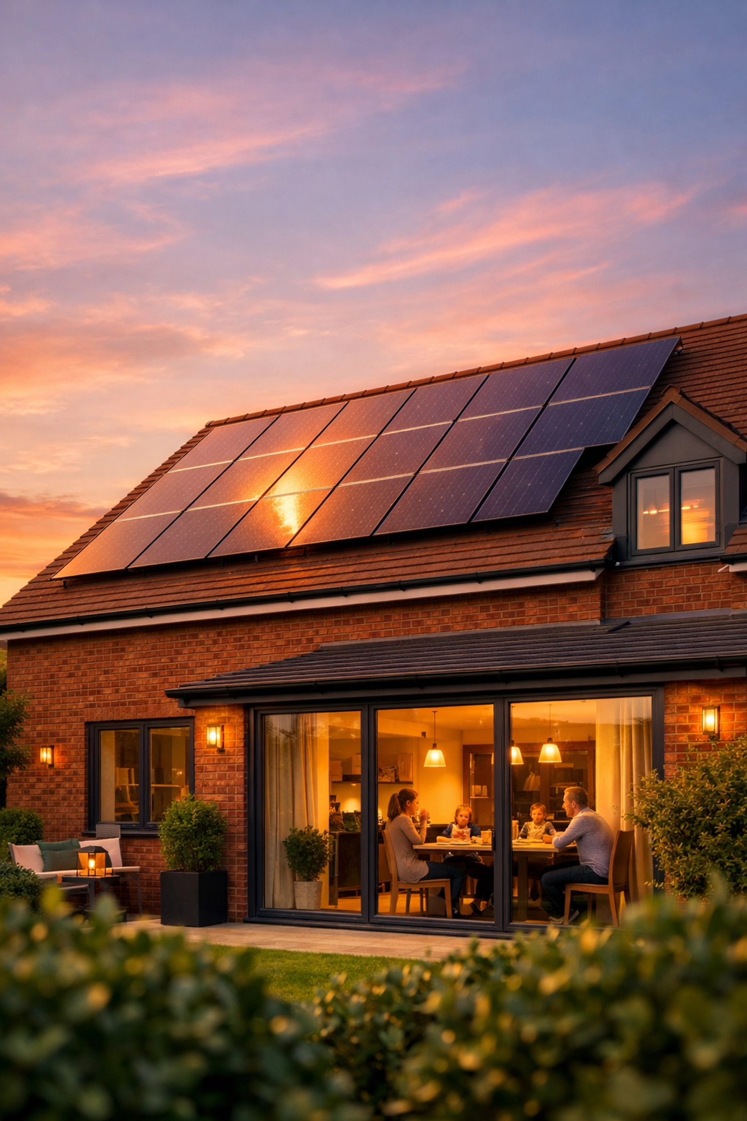 Modern UK home with solar panels installed on roof at sunset, showcasing energy independence