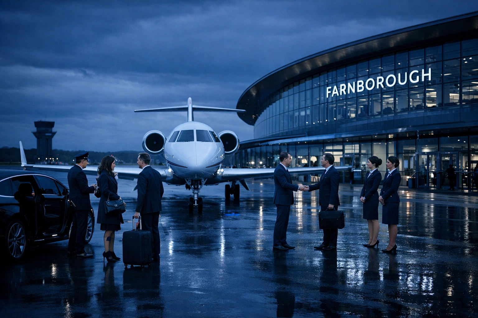 Farnborough Airport private jet terminal with VIP concierge service at dusk