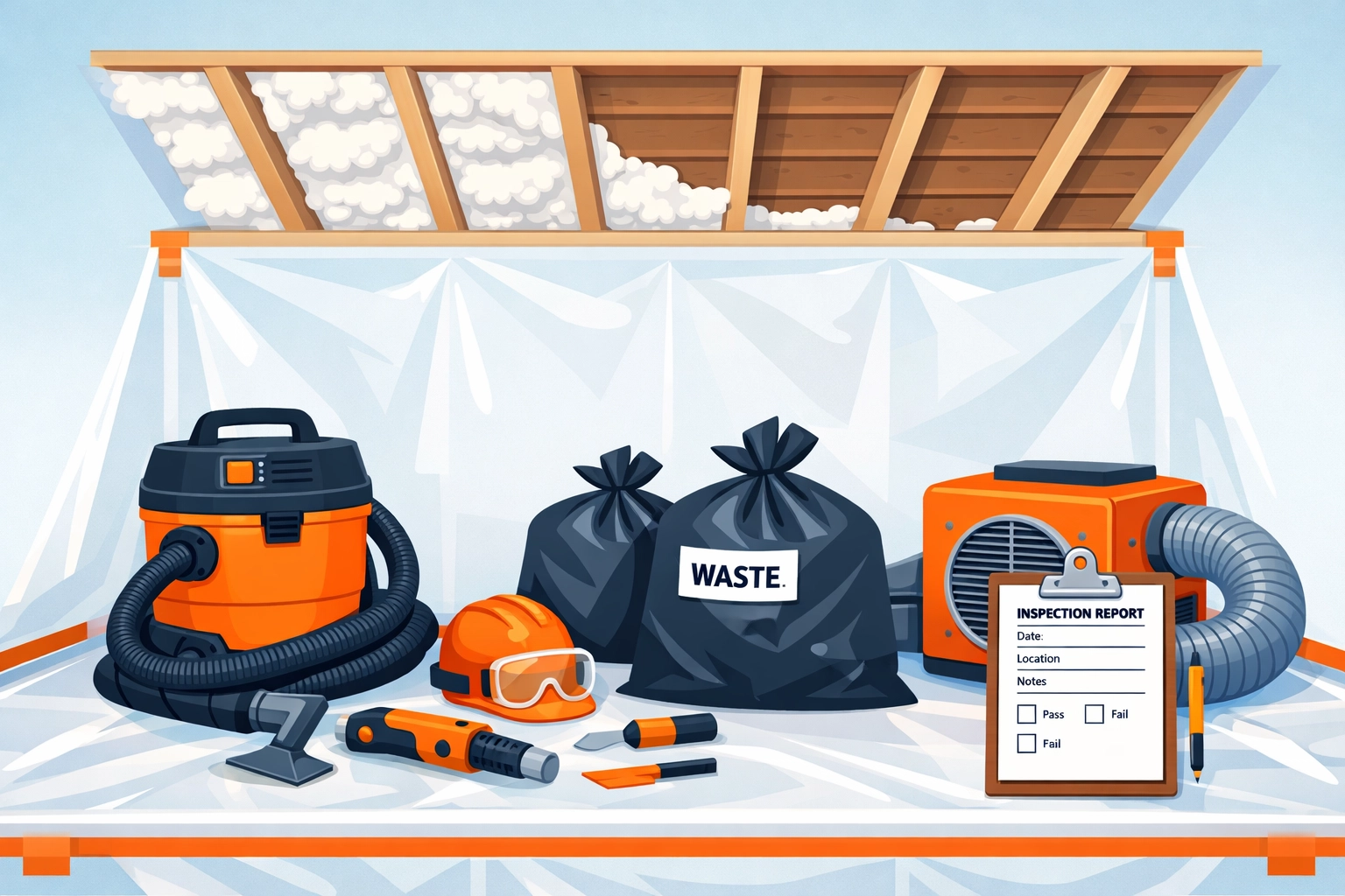 Professional spray foam removal workspace with safety equipment and documentation