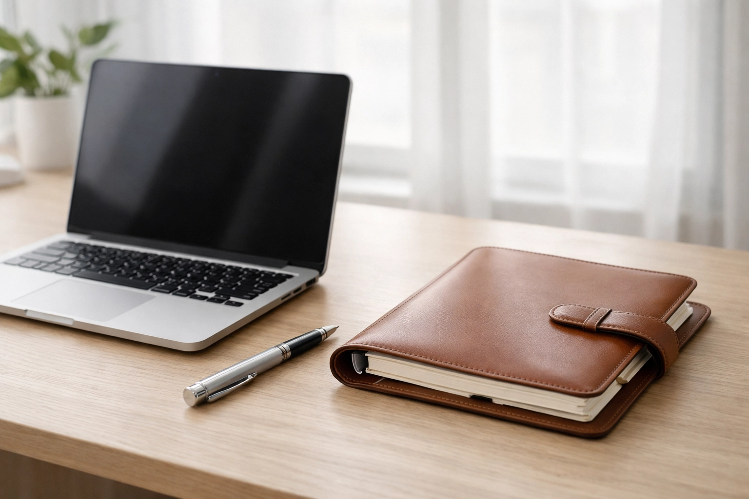 Modern minimalist tax office workspace with a laptop and professional organizer for ERO onboarding.