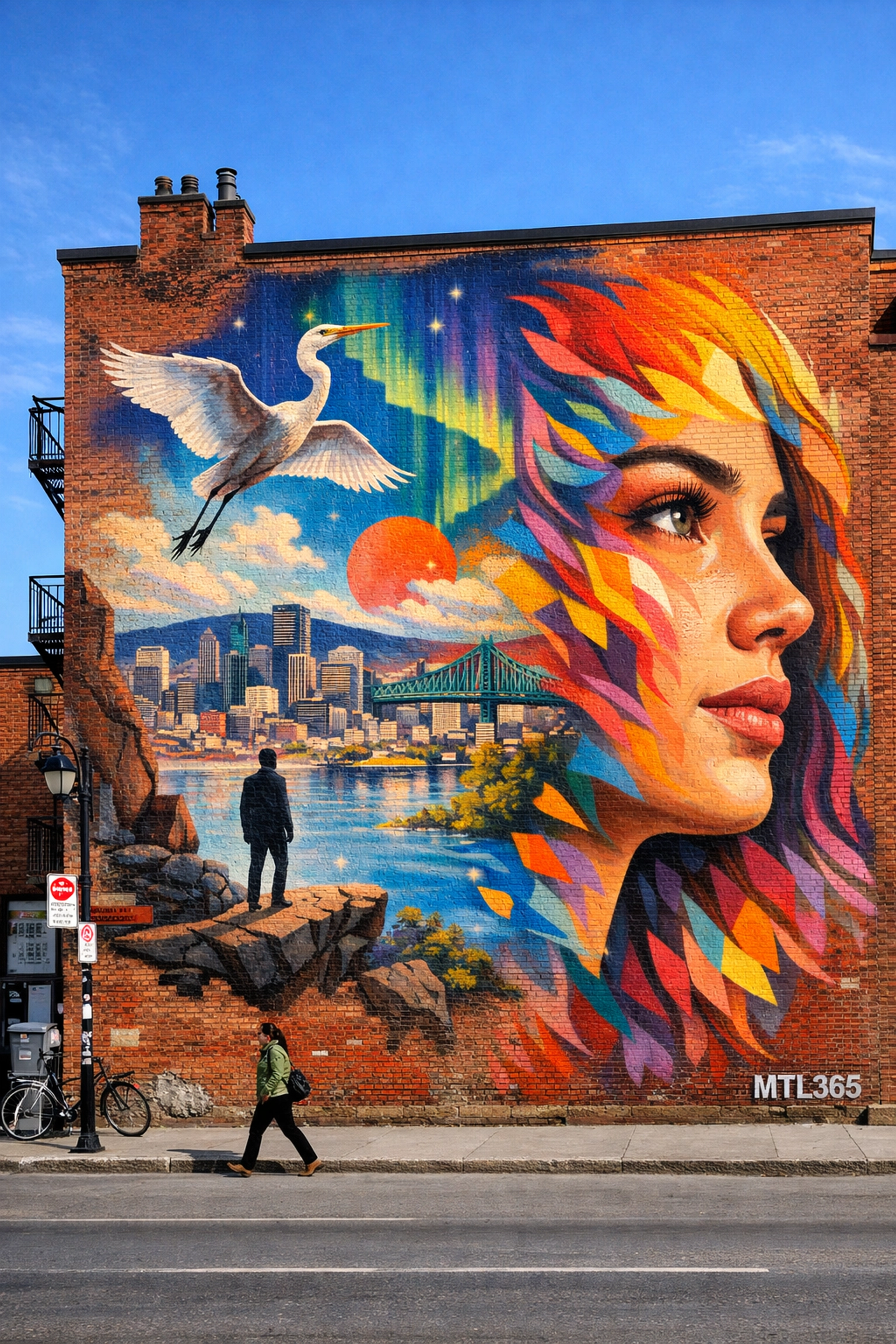 Colorful street art mural on a classic red-brick building in Montreal under a clear spring sky.