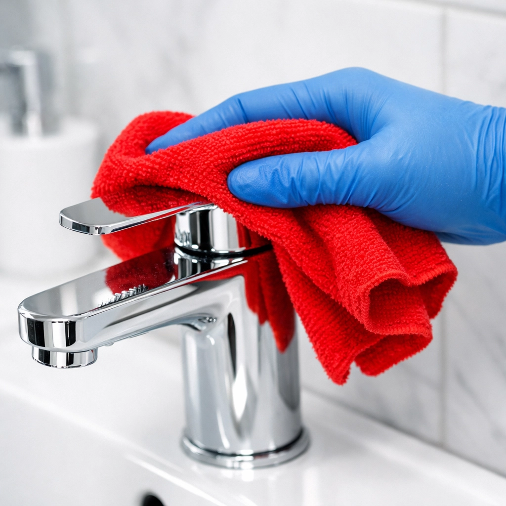 Professional cleaner using a red BICS-coded cloth to sanitise a washroom faucet in a Norwich office.