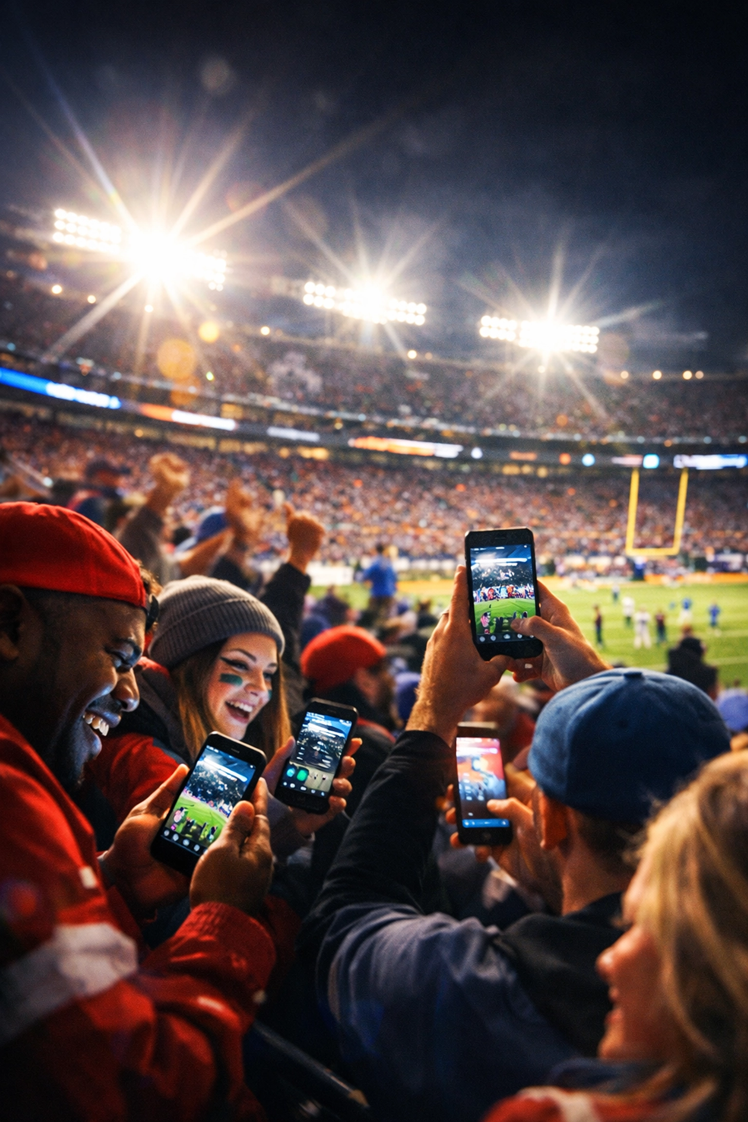 Sports fans in a stadium engaging with digital athlete content on their mobile devices during a game.