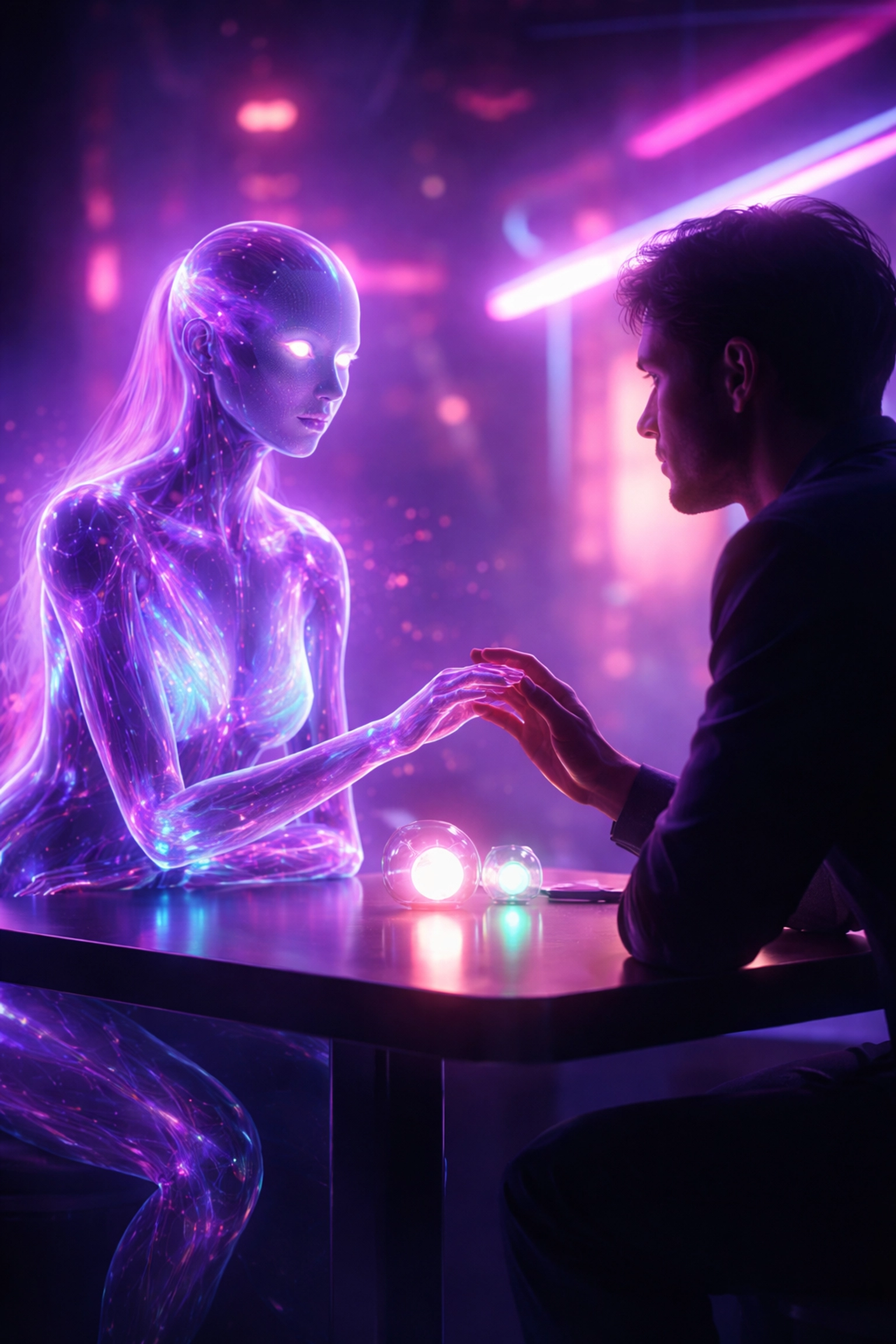 AI companion and human nearly touching hands, symbolizing digital intimacy and AI relationships in modern sex life