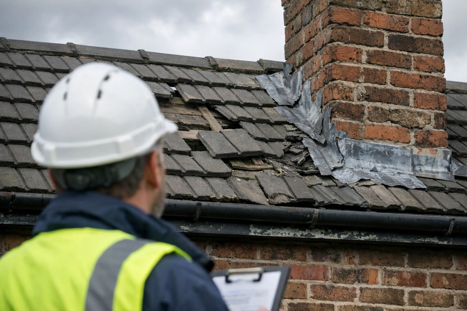 Roof inspection on-site: surveyor assessing slipped tiles and damaged flashing around chimney on a pitched roof