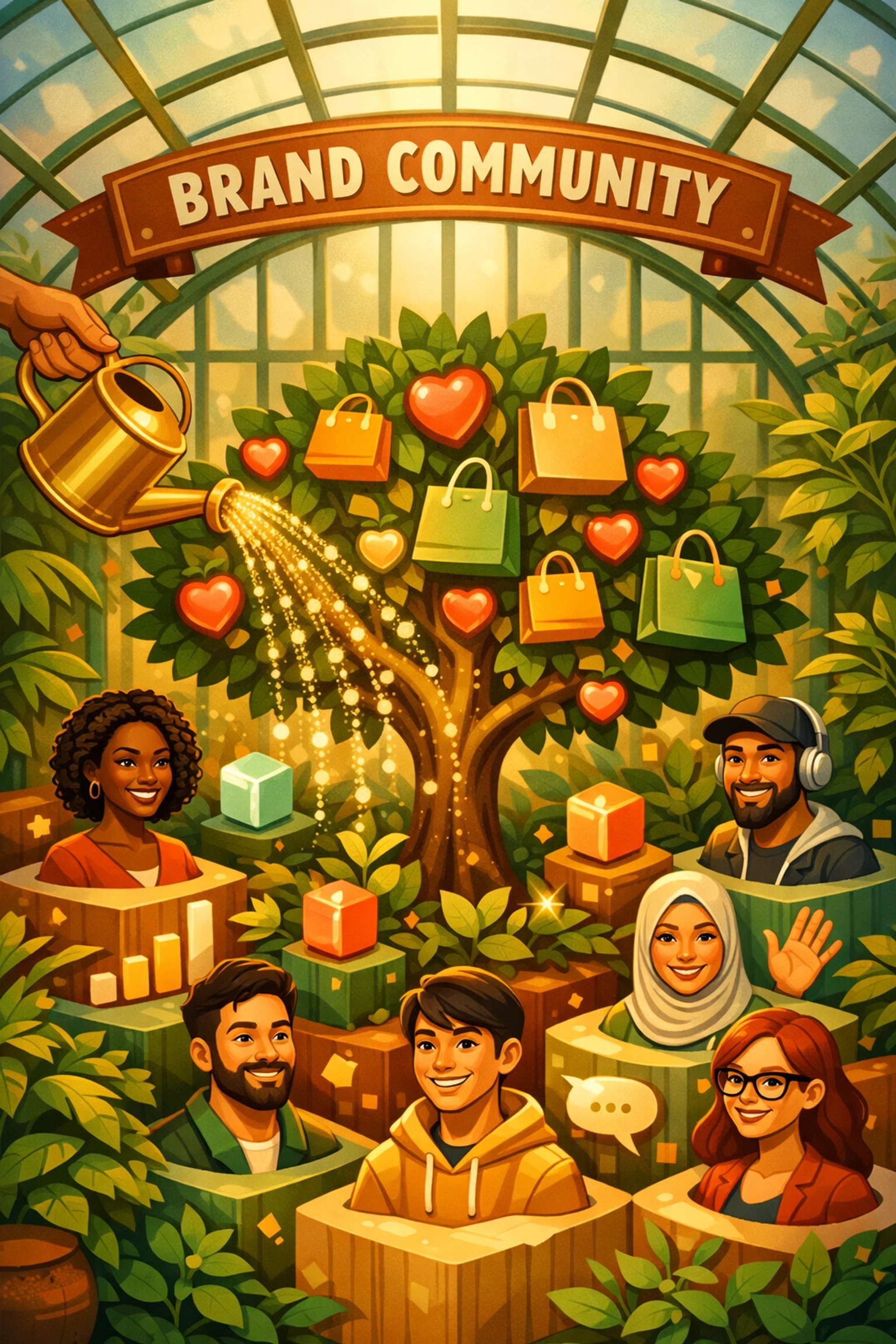 Illustration representing a thriving e-commerce brand community and customer retention ecosystem.