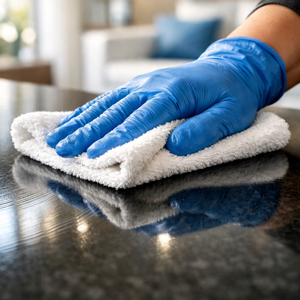 Professional cleaner polishing a stone countertop to a shine during a move-out cleaning Worcester session.