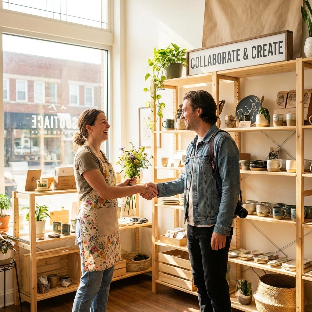 Two small business owners shaking hands in a boutique, showcasing DIY marketing tools for business owners through cross-promotion partnerships.