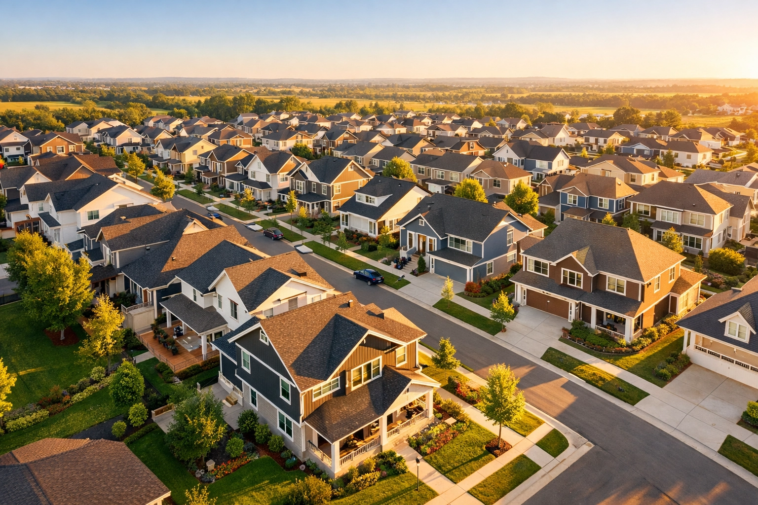 Aerial view of modern suburban neighborhood near Nashville with tree-lined streets and contemporary homes