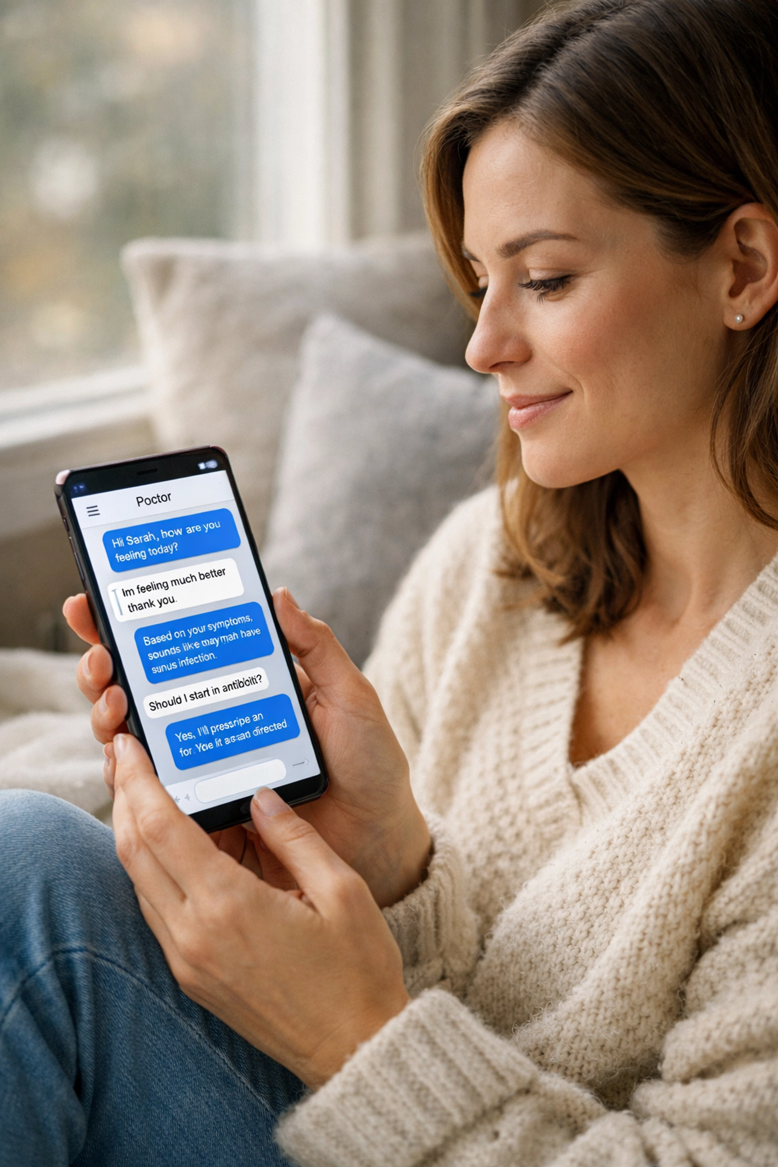 Woman at home using secure text-based messaging for private bacterial vaginosis treatment online.