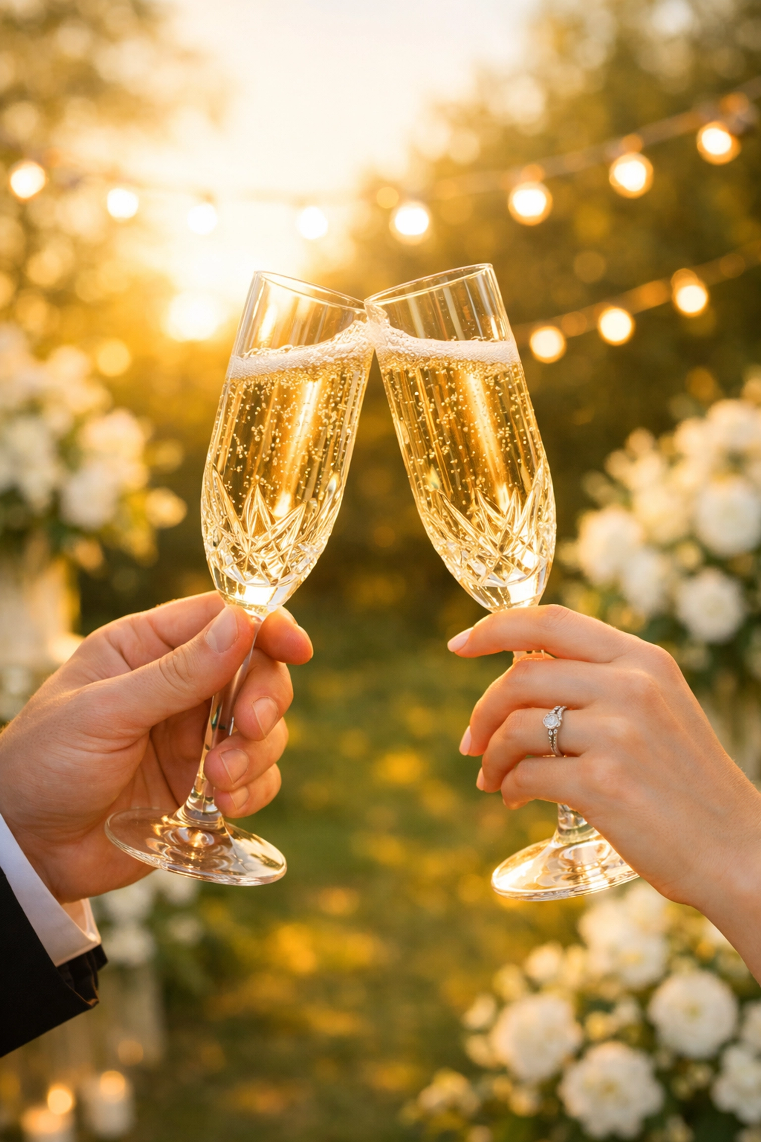 Toasting champagne flutes at a joyful and debt-free wedding celebration.