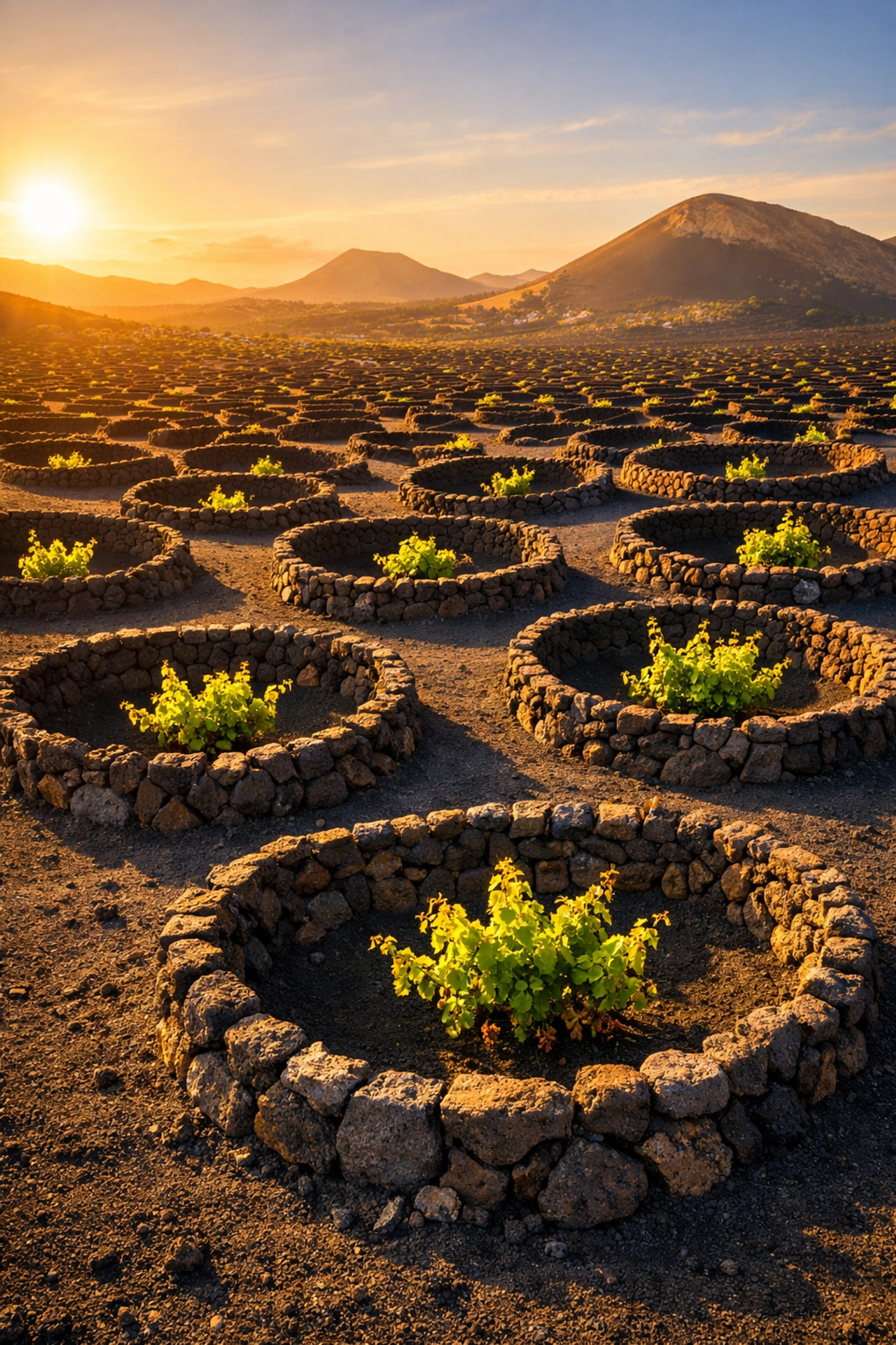Vines growing in volcanic soil at La Geria, a unique stop on a Lanzarote travel adventure.